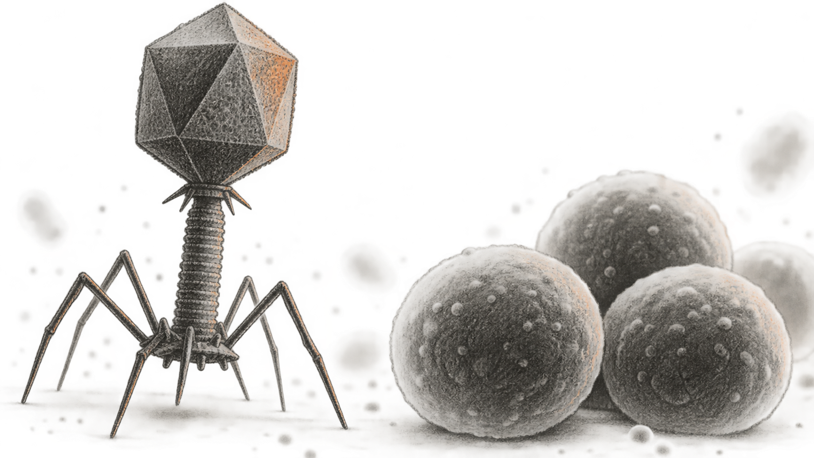 A generic tailed bacteriophage appears near a small cluster of rounded bacterial cells in a charcoal-and-ink illustration.