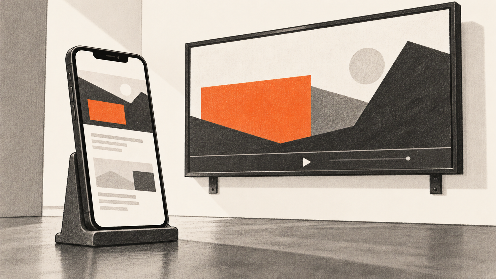 Conceptual charcoal illustration of a generic landing page on an upright phone beside a wall-mounted display showing a video frame with matching orange shapes.