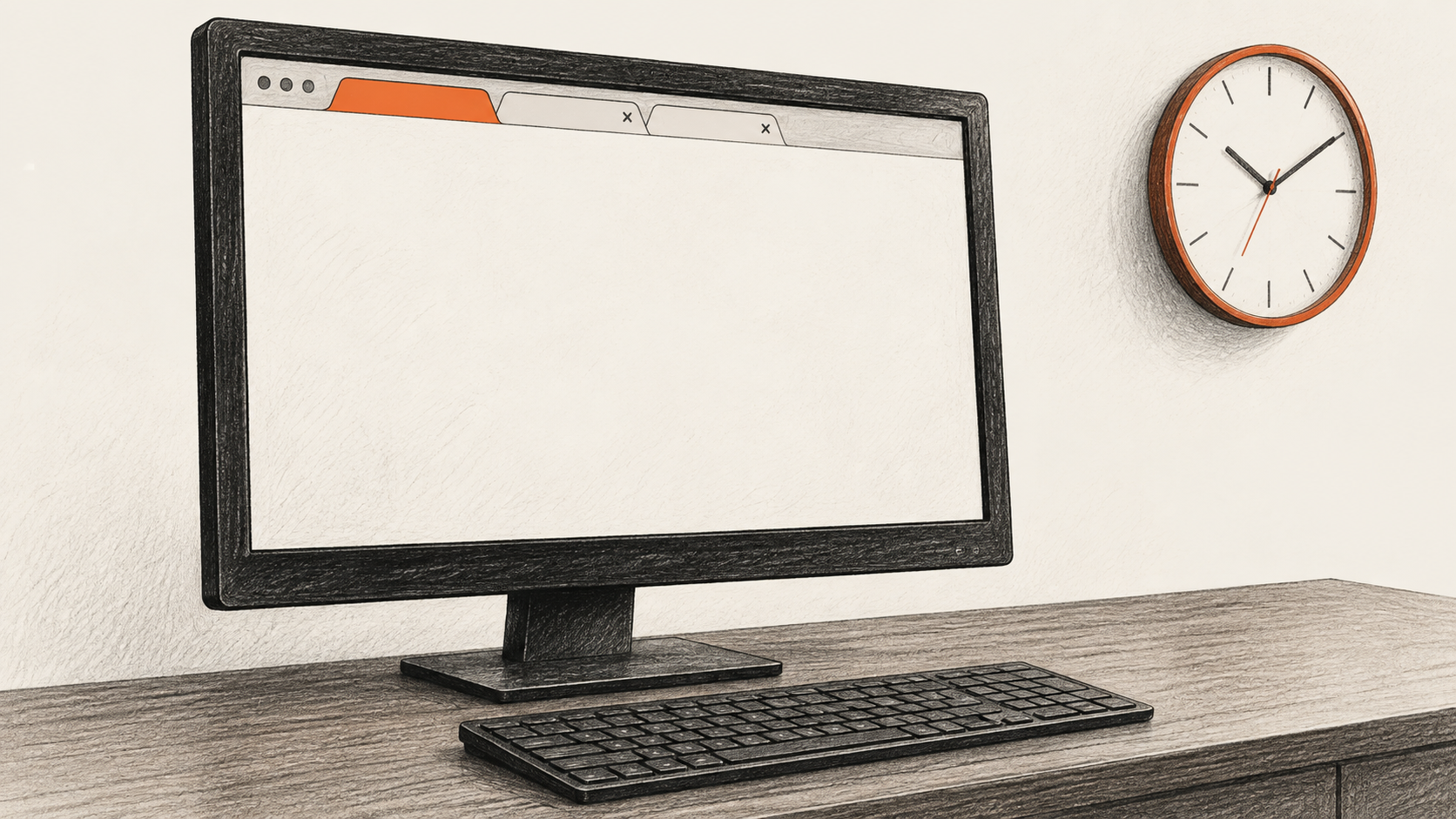 Conceptual charcoal illustration of a desktop monitor with three blank browser tabs, a keyboard and a wall clock.