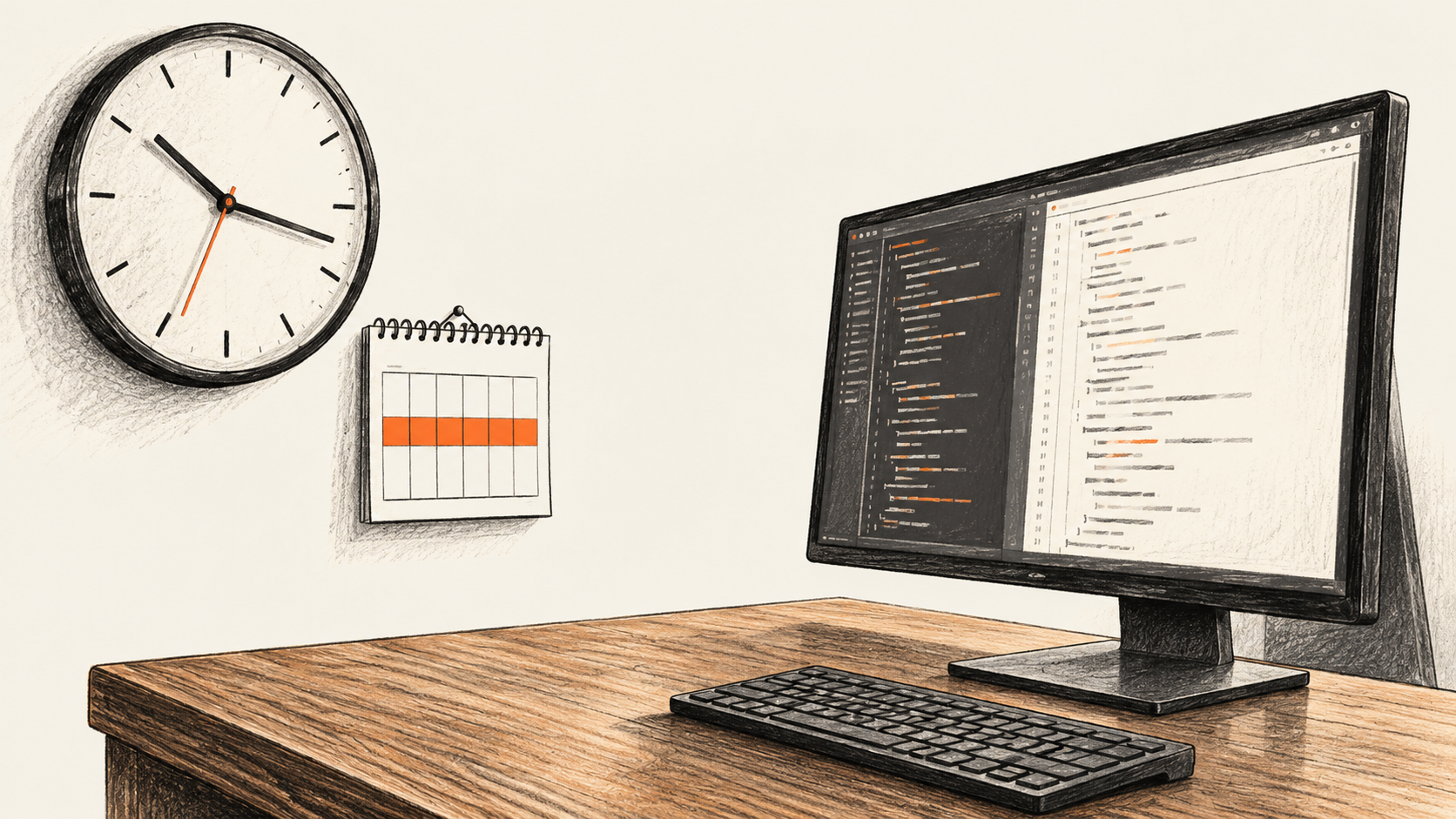 Conceptual charcoal illustration of a wall clock and weekly calendar beside a physical workstation with two abstract file views on its monitor.