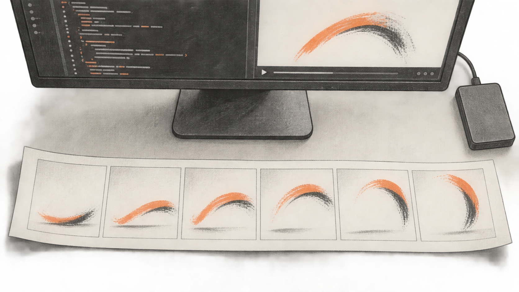 Conceptual charcoal illustration of animation code and a brushstroke preview on a physical monitor, above a contact sheet of six successive drawn frames.