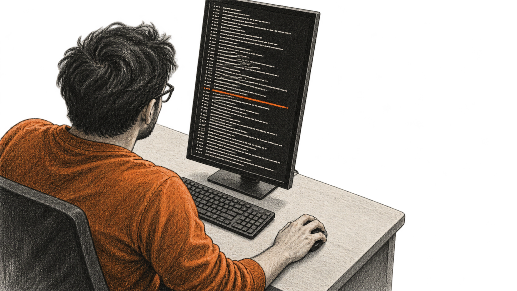 A person studies indistinct text rows on an upright monitor, with one orange line across the display.