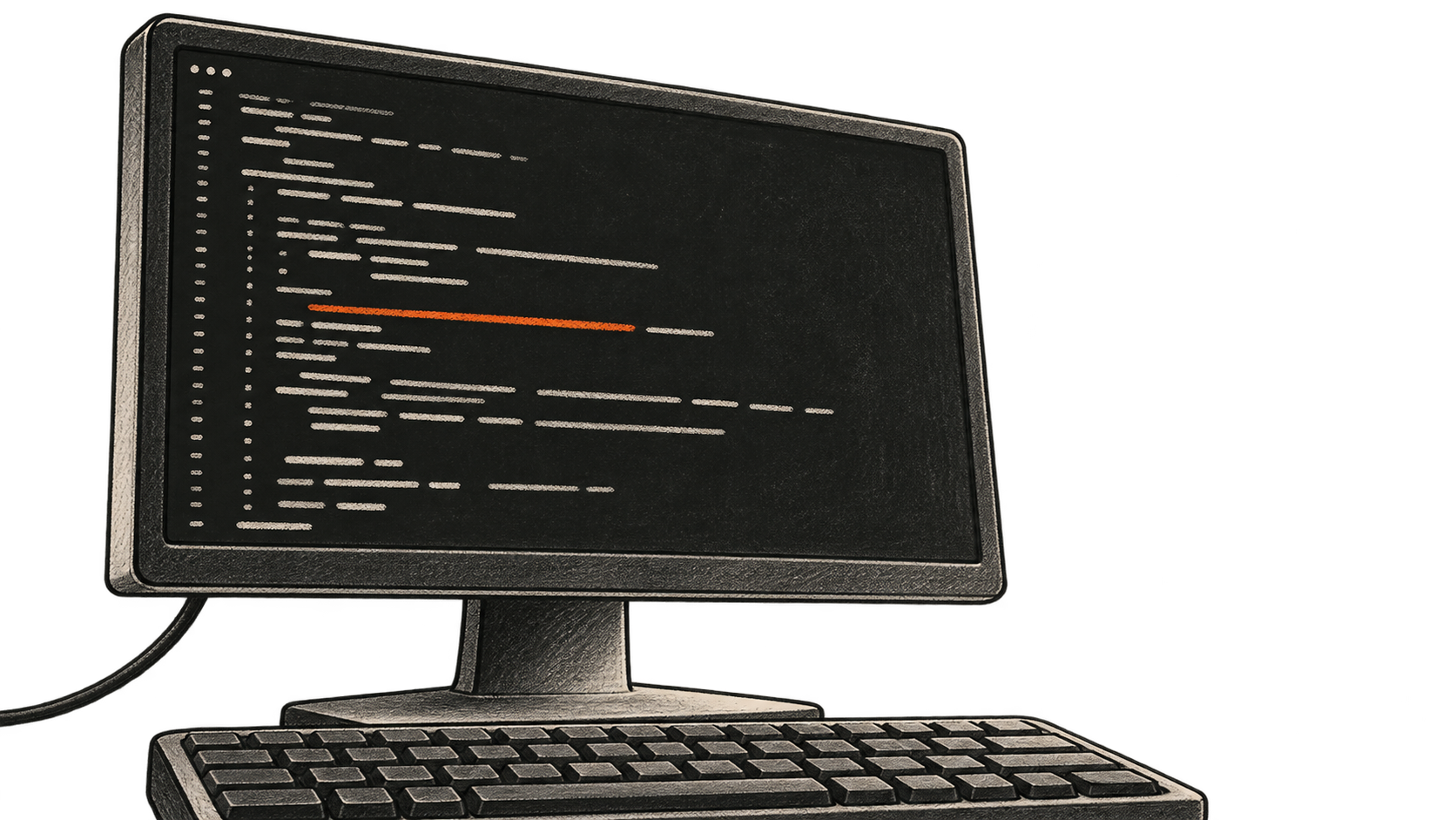 Conceptual charcoal illustration of a single desktop terminal monitor with indistinct output marks and one orange line above a keyboard.