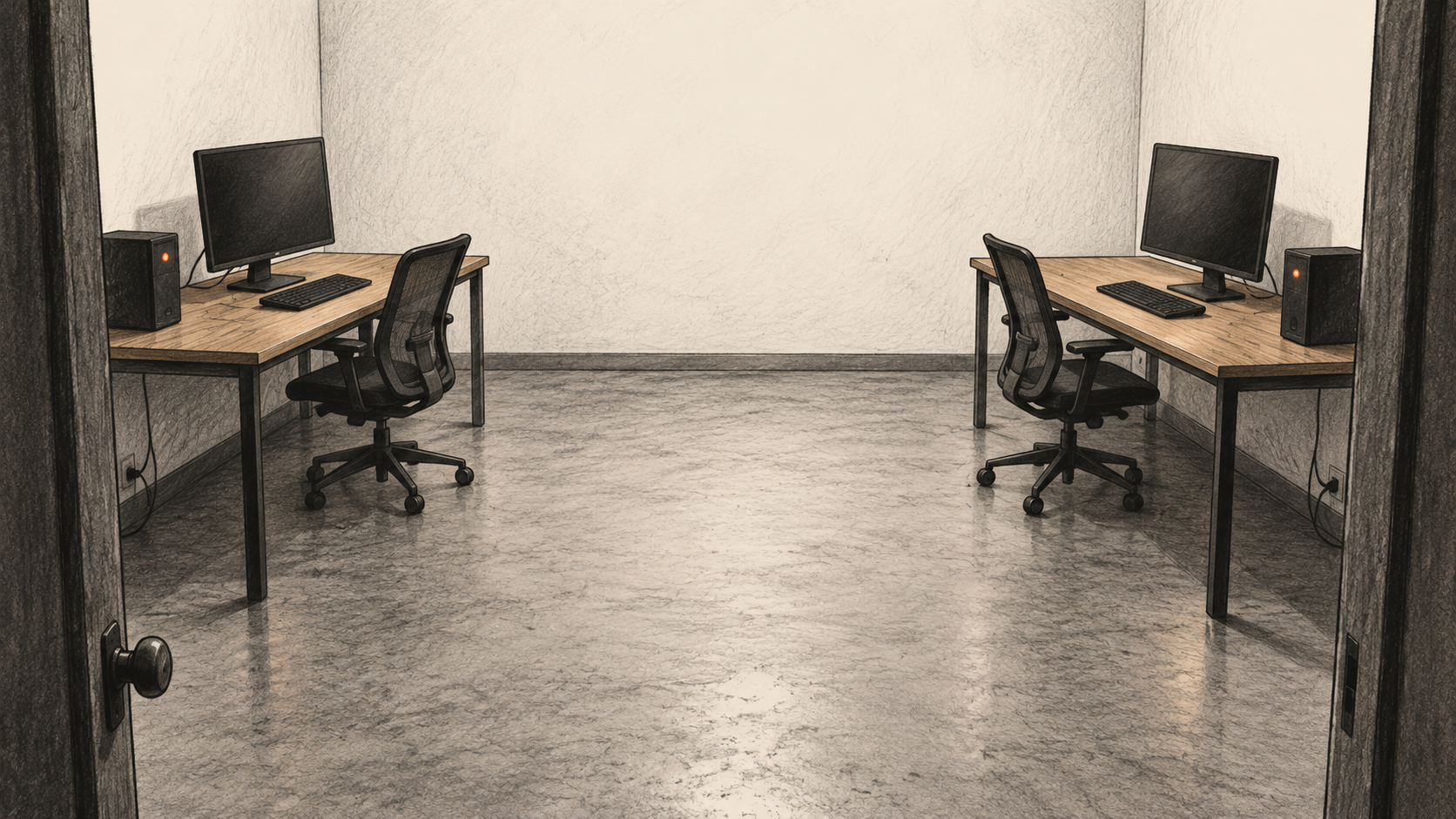Conceptual charcoal illustration of two separate computer work areas across an open aisle, each with its own blank monitor, keyboard and computer case.
