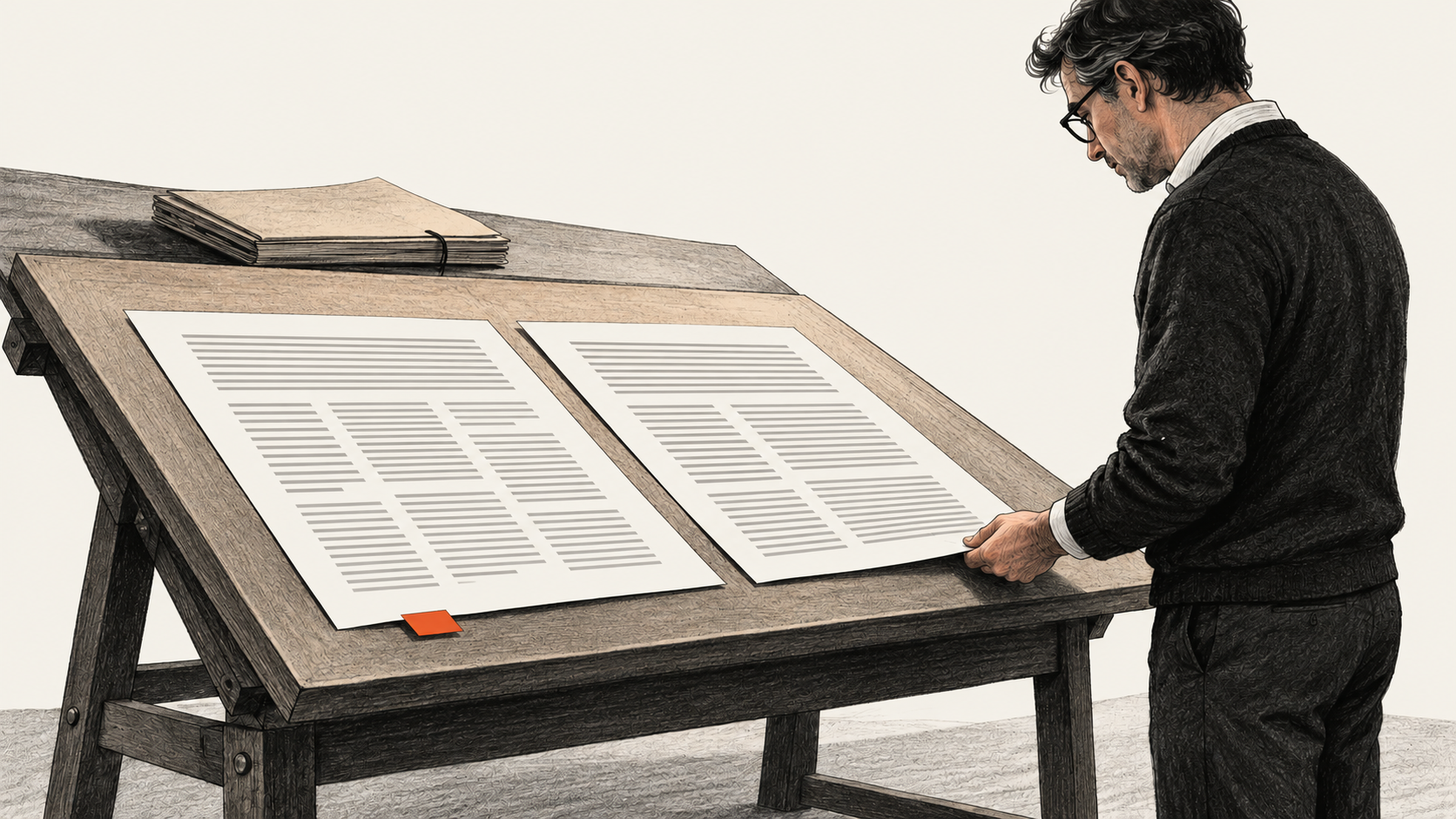 Conceptual charcoal illustration of one reviewer comparing two text-only proof sheets on a sloped table, with a closed source packet behind them.