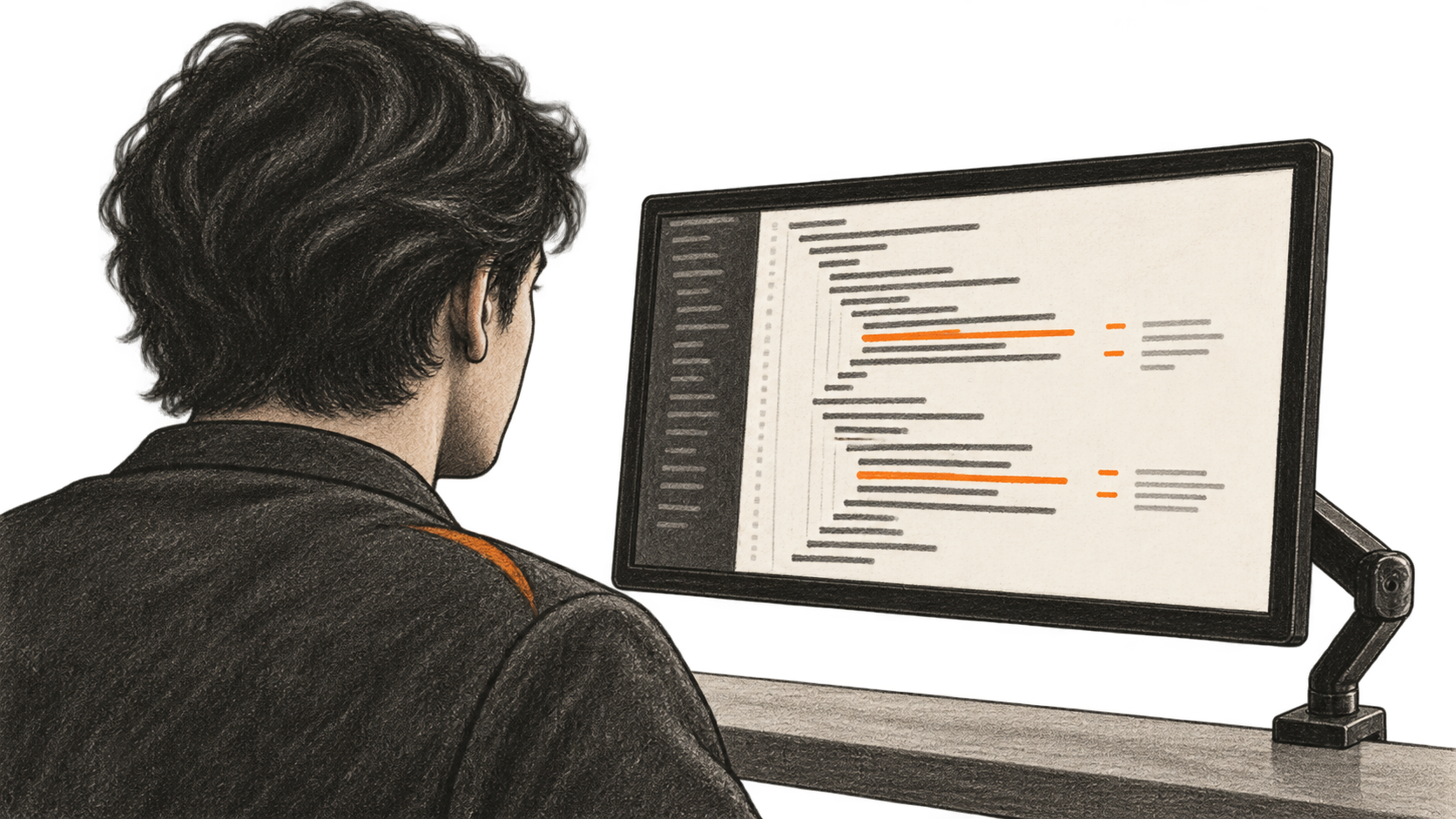 Conceptual charcoal illustration of one reviewer seen from behind, examining indented code rows with orange marks on a supported physical monitor.