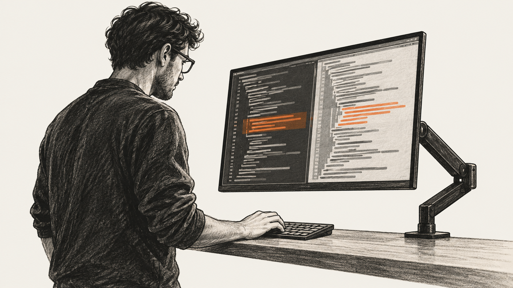 Conceptual charcoal illustration of a developer at a standing counter reviewing a generic two-column code diff on an arm-mounted display.