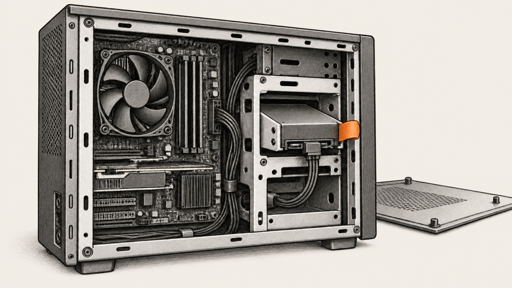 Conceptual charcoal illustration of an open desktop computer with one orange-tabbed local storage drive mounted inside.