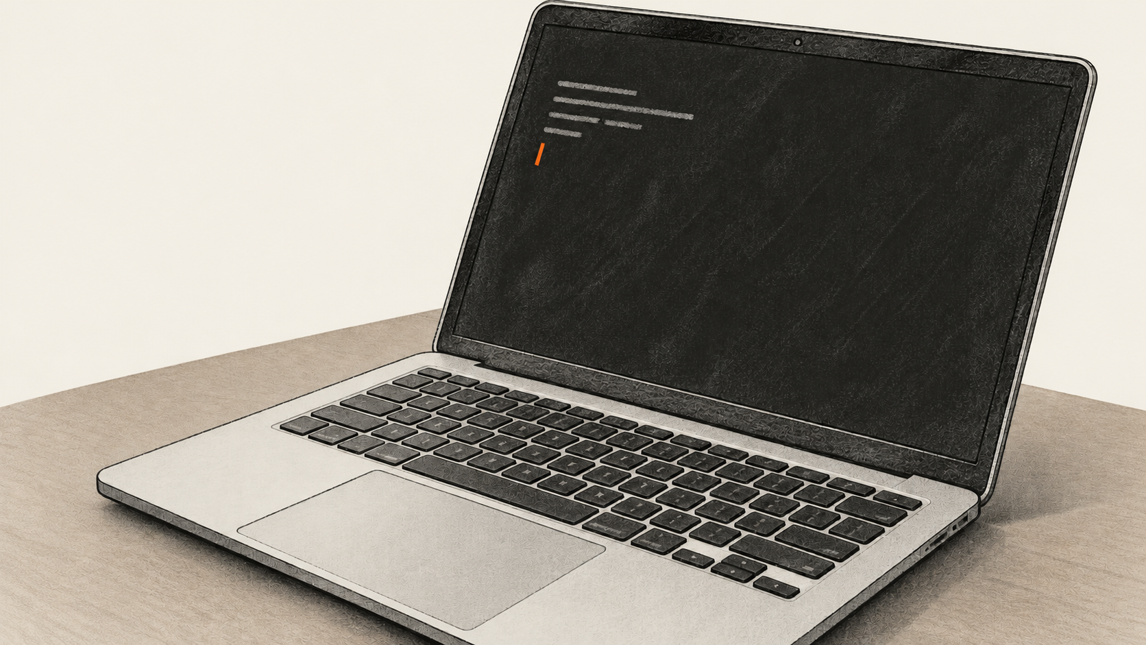 Conceptual charcoal illustration of an unbranded open laptop with indistinct terminal marks and one orange cursor-like dash on its dark screen.