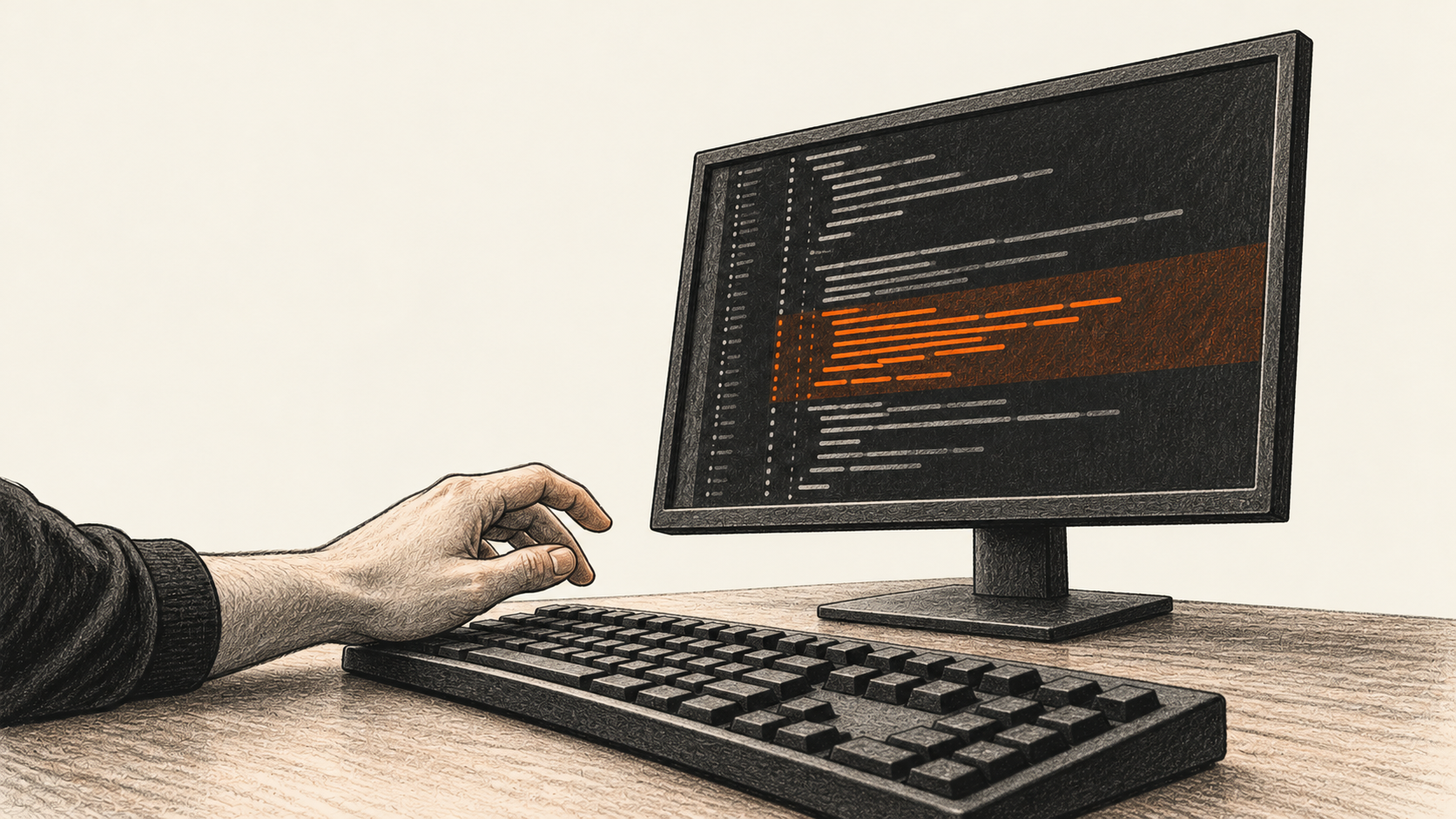AI-generated conceptual charcoal illustration of a hand paused over a physical keyboard beside an unbranded monitor with abstract code marks and one orange changed passage.
