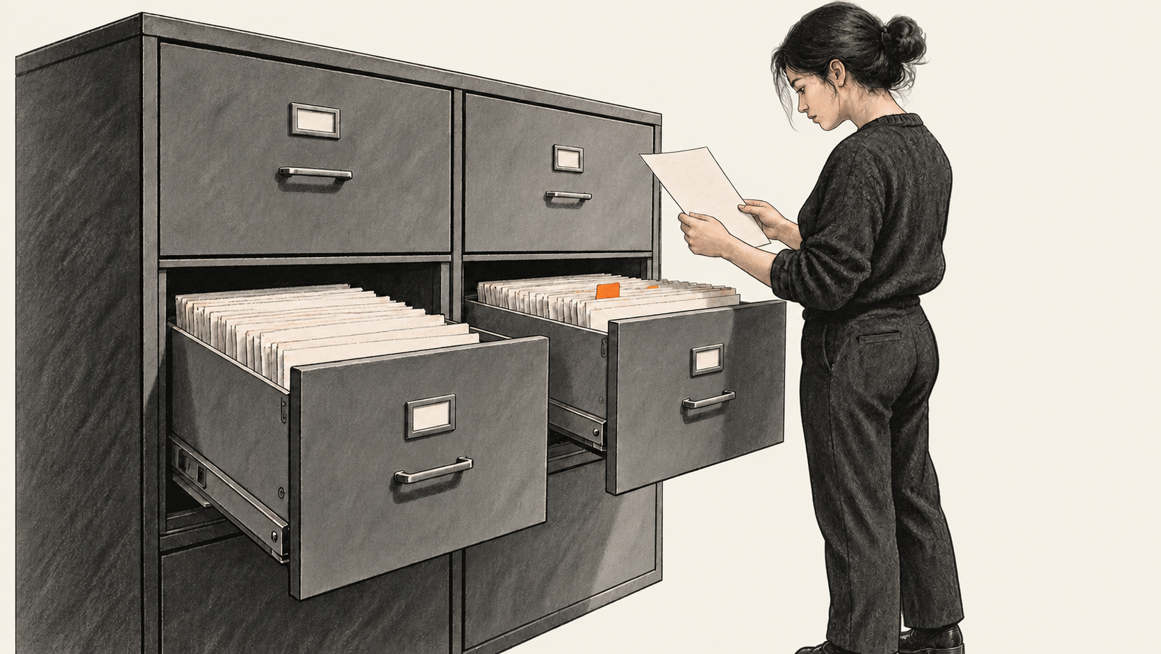 Conceptual charcoal illustration of a reviewer checking a sheet beside two open drawers of source files in a steel cabinet.