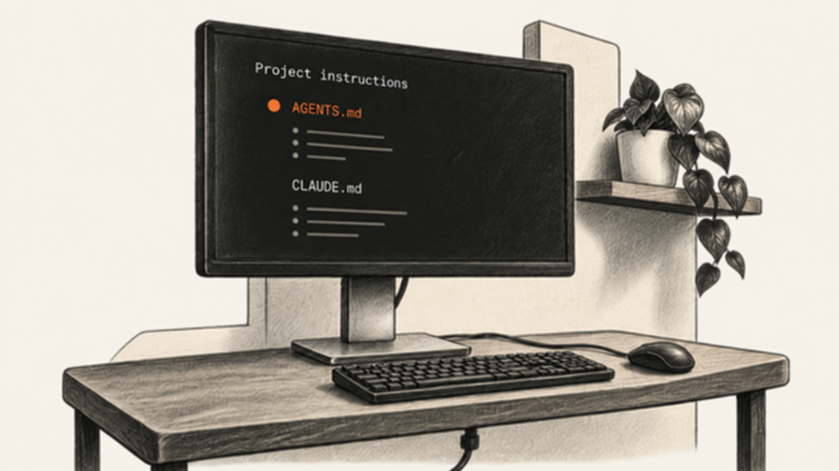A desktop monitor shows a minimal project-instructions view with plain AGENTS.md and CLAUDE.md labels above a keyboard and mouse.