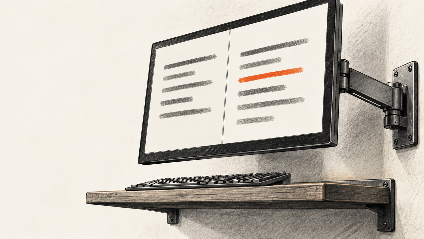Conceptual charcoal illustration of a wall-mounted monitor showing two indistinct text areas with one orange changed line above a supported keyboard.