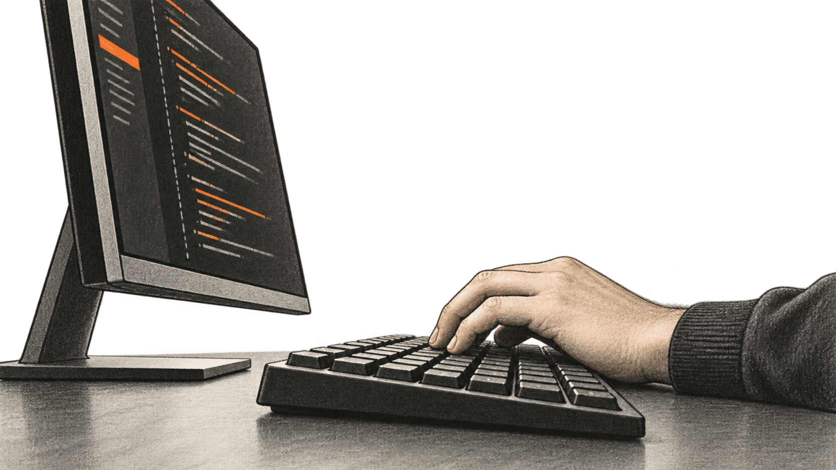 Conceptual charcoal illustration of one connected hand at a keyboard beside an angled unbranded monitor with indistinct code strokes and an orange band.