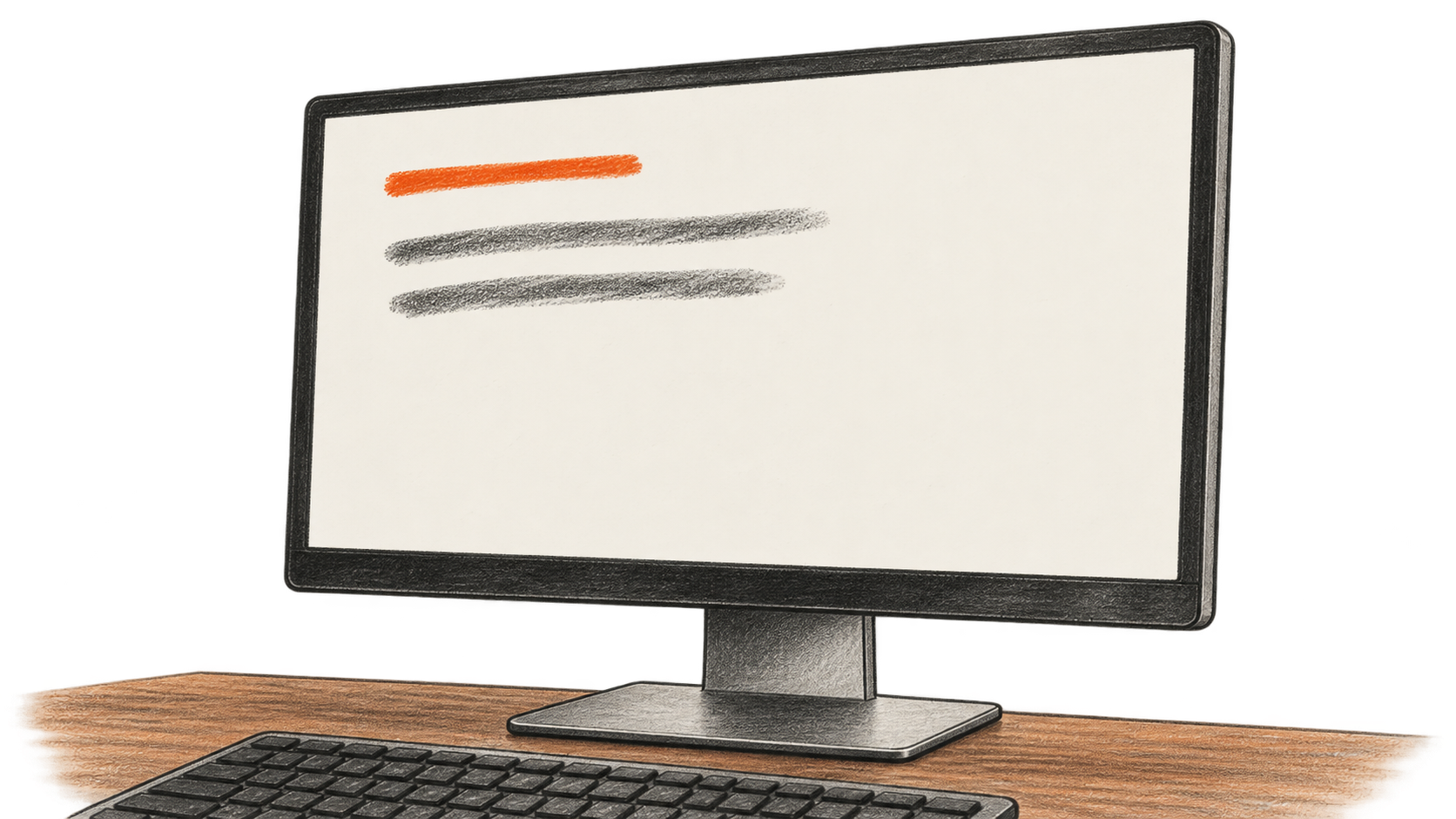 Conceptual charcoal illustration of an unbranded desktop monitor with one short orange stroke above two soft charcoal strokes; a keyboard rests in front.