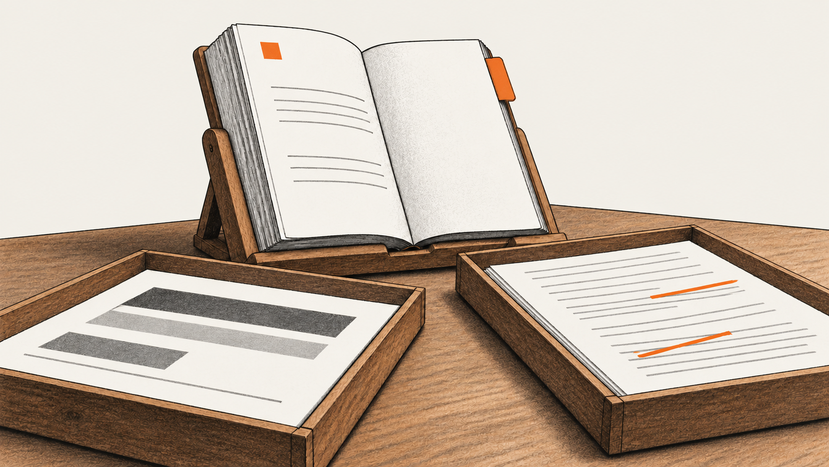 Conceptual charcoal illustration of one open reference folio in a reading cradle behind separate outline and copy-review proofs in wooden trays.