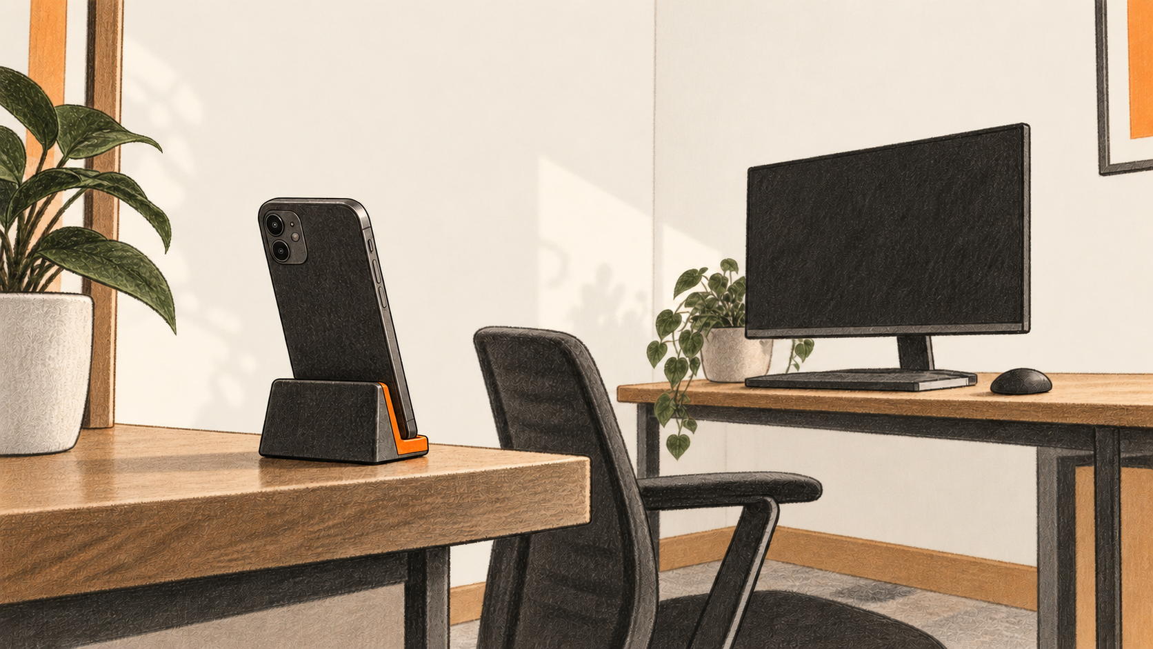 Conceptual charcoal illustration of one phone in a stand on a side table, with a blank desktop monitor across the room.