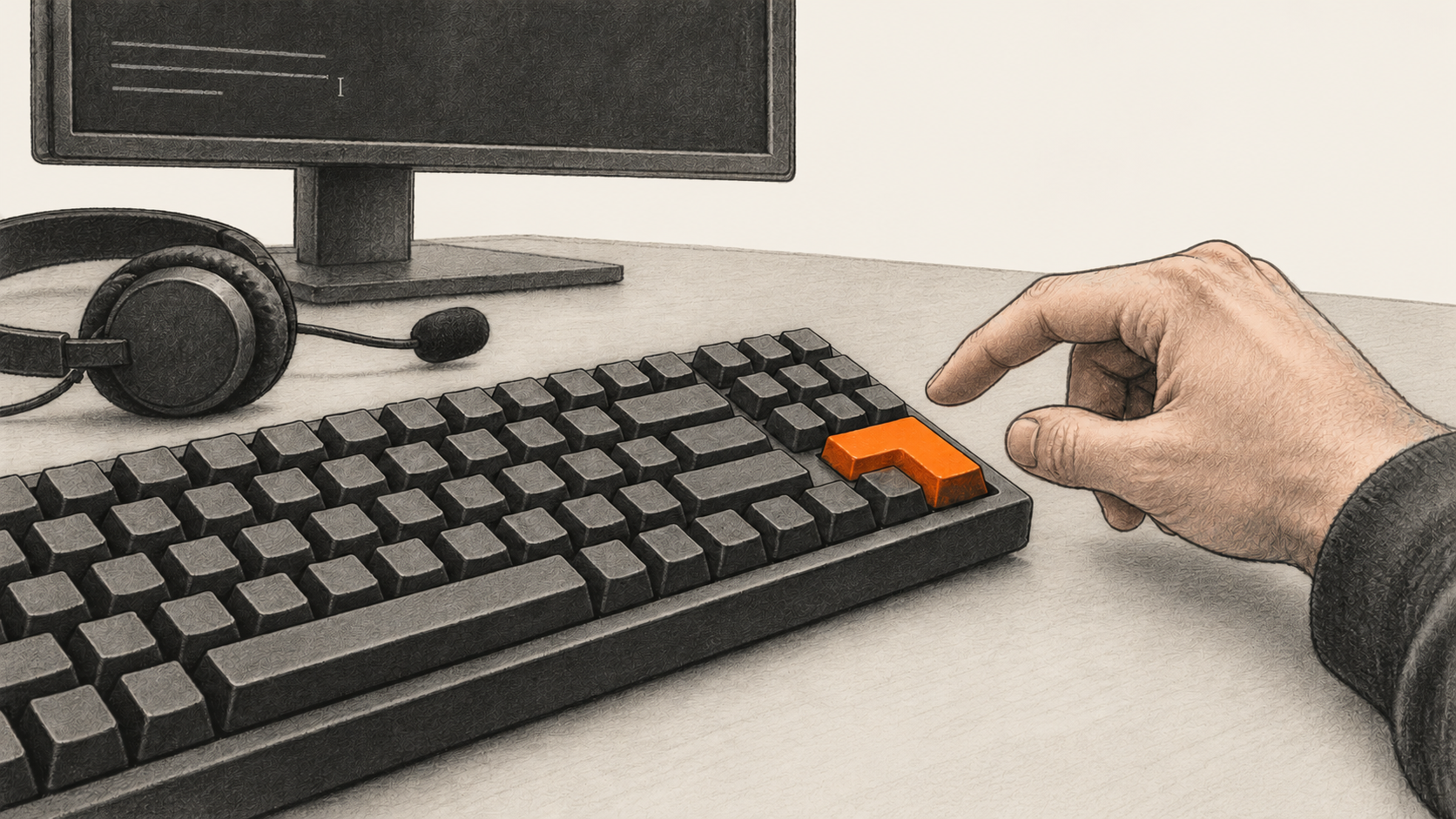 Conceptual charcoal illustration of a headset beside a physical keyboard, with one hand hovering above an orange Enter key and a generic monitor behind.