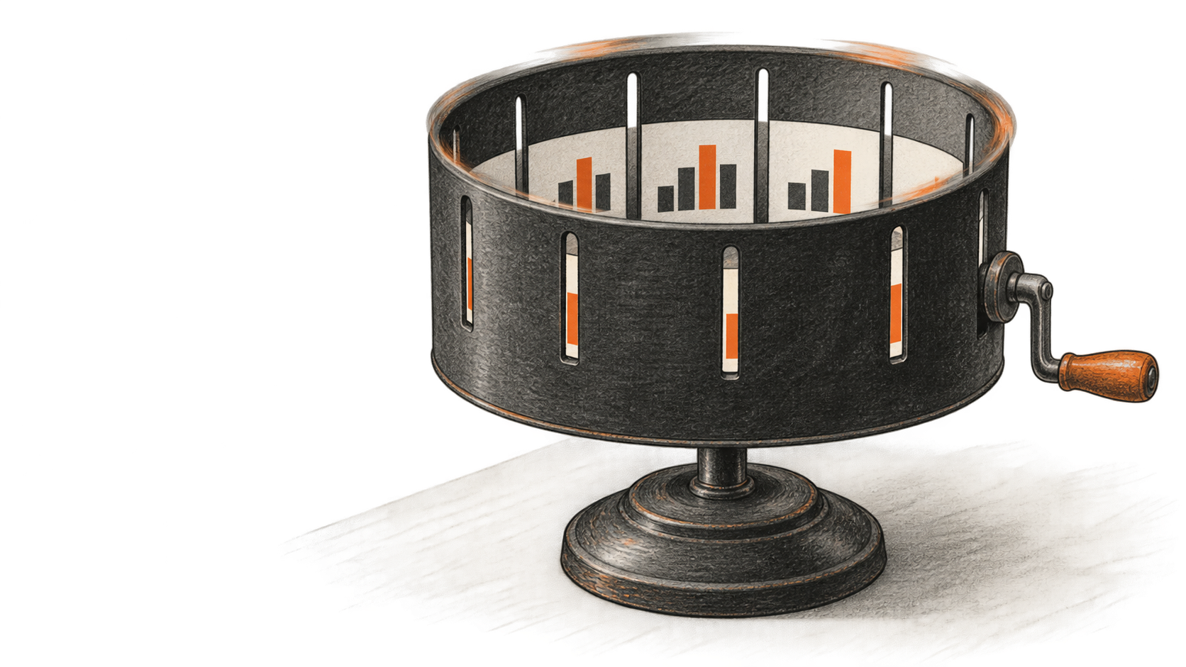 An unbranded tabletop zoetrope shows simple bar-chart drawings through its drum slits, with a side crank.