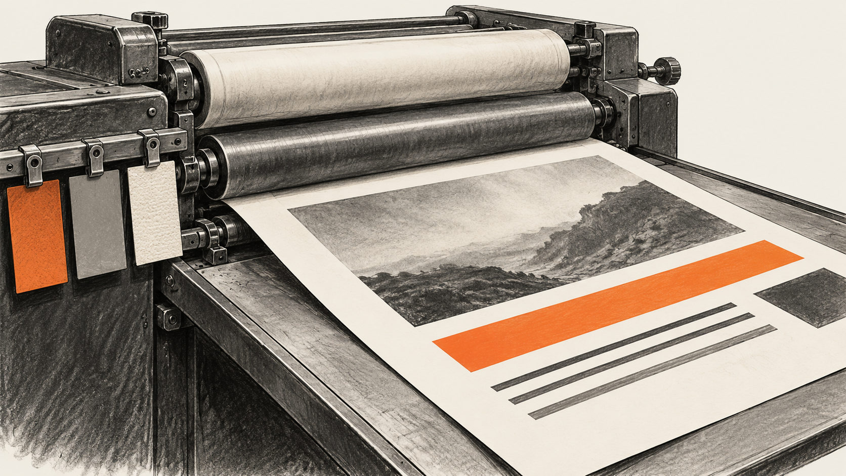 Conceptual charcoal illustration of a wide unbranded layout proof emerging from a print press, with three plain samples clipped to its side rail.