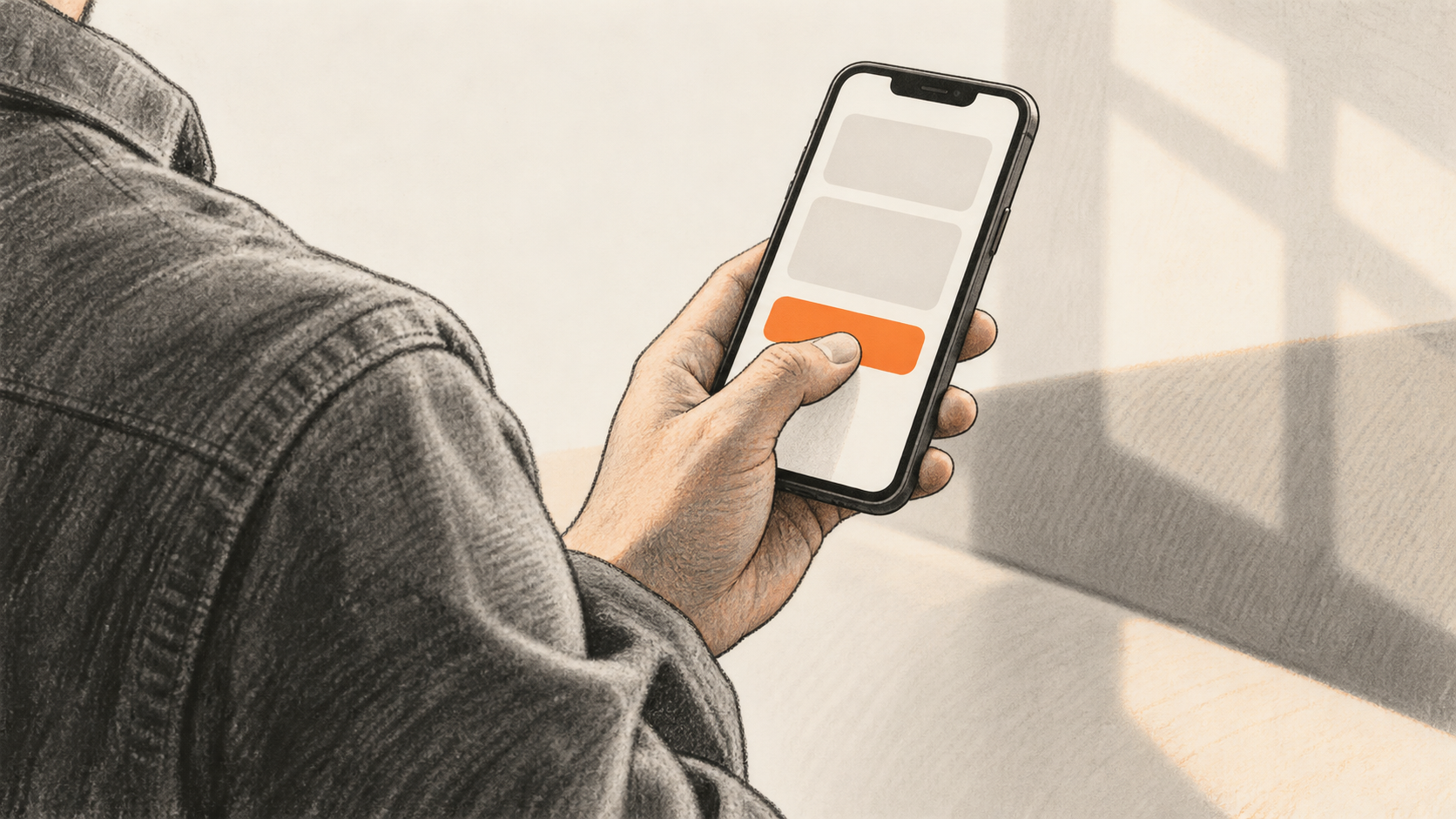 Conceptual charcoal illustration of one person holding an unbranded smartphone and touching an orange control in a generic mobile layout.