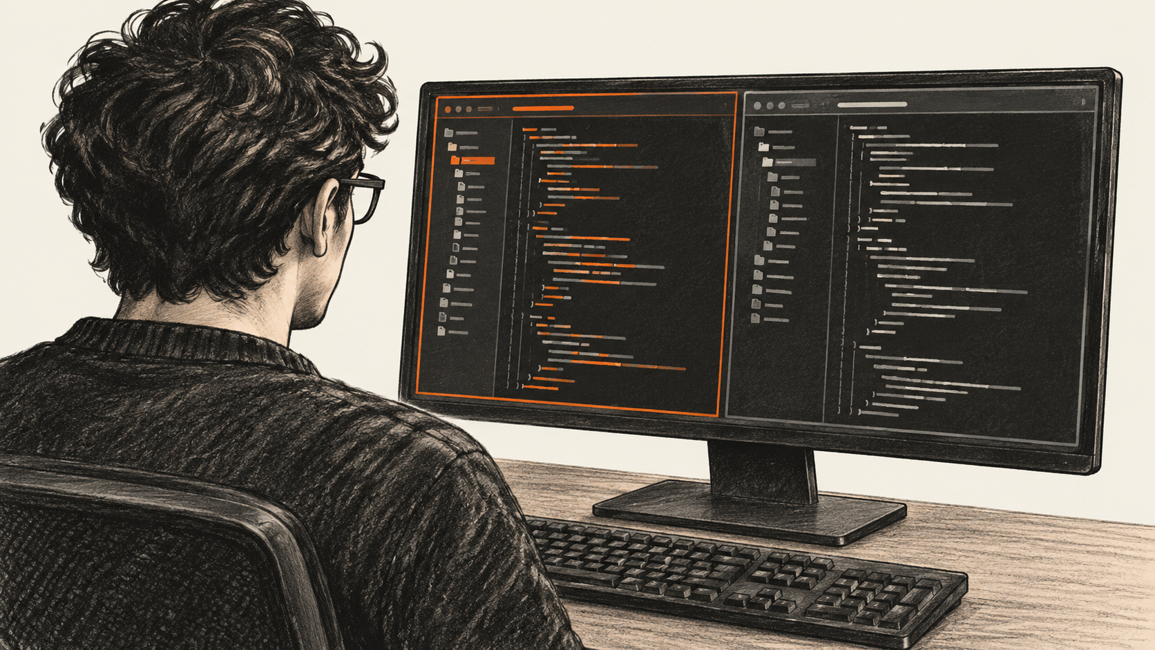 Conceptual charcoal illustration of a developer viewing two separate generic coding panes on one wide desktop monitor.