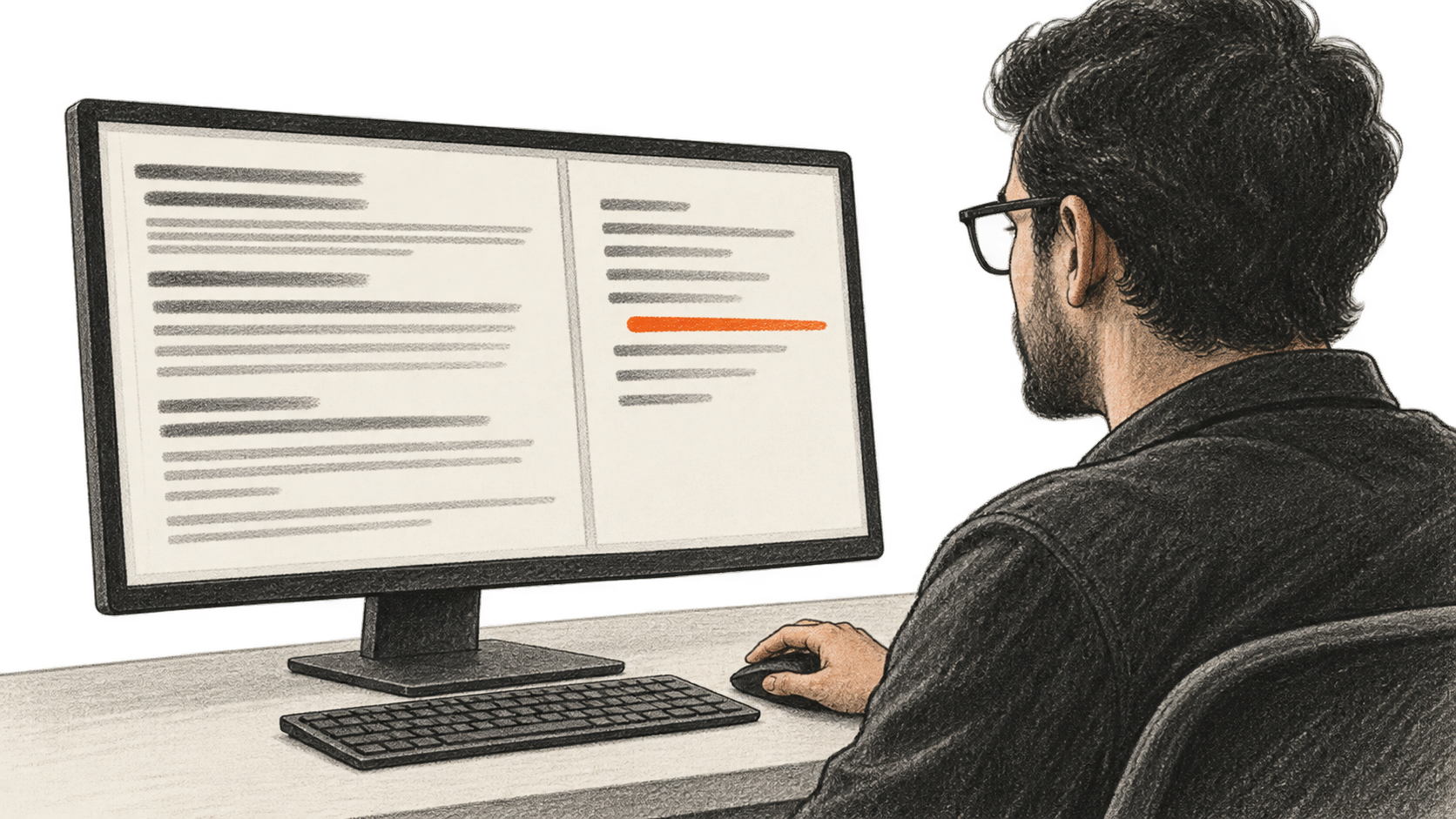 Conceptual charcoal illustration of one reviewer at a desktop monitor comparing two separate areas of indistinct text; one line on the right is orange.