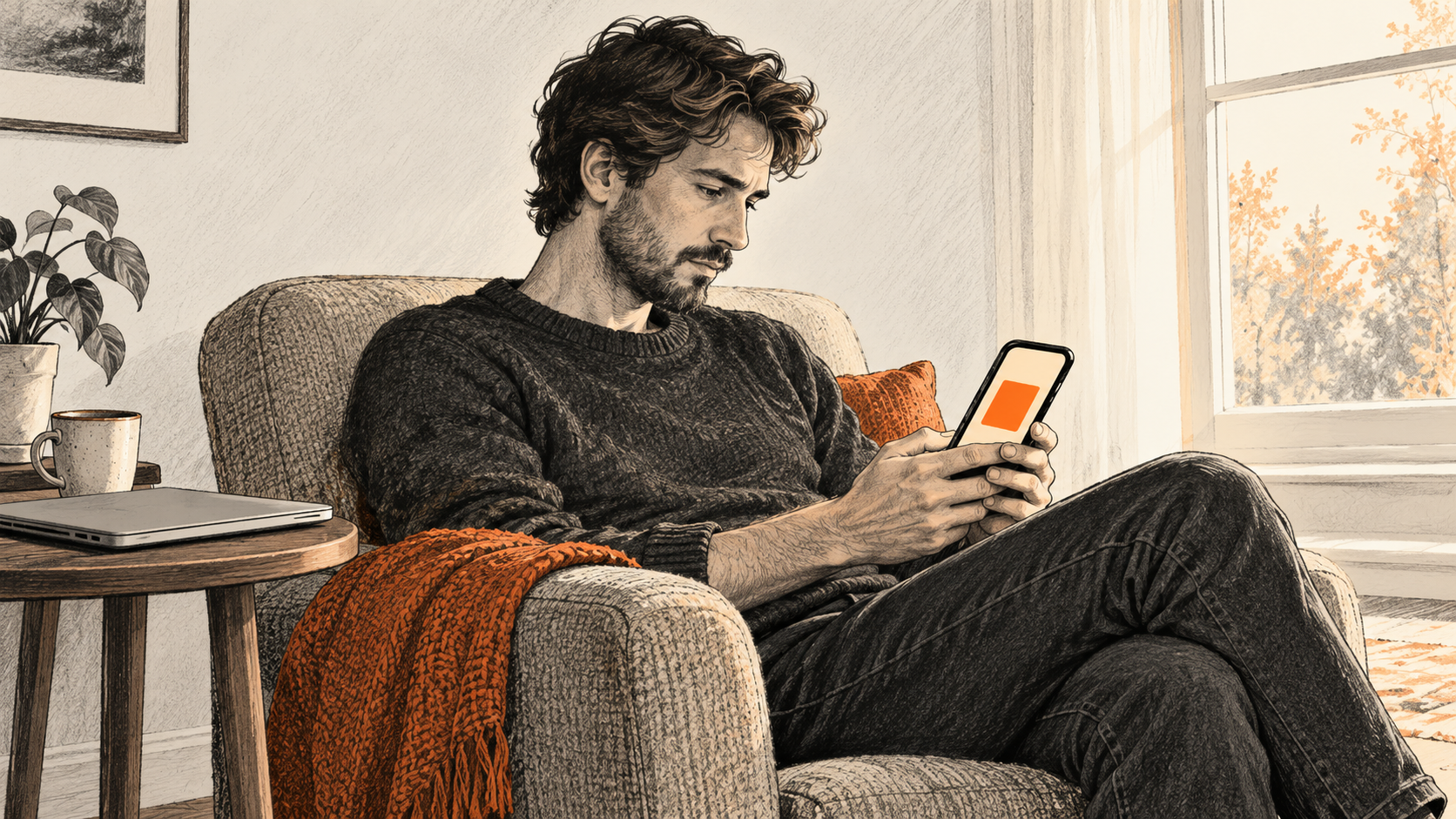 Conceptual charcoal illustration of one seated adult considering a blank-screen phone while a closed laptop rests on a side table.