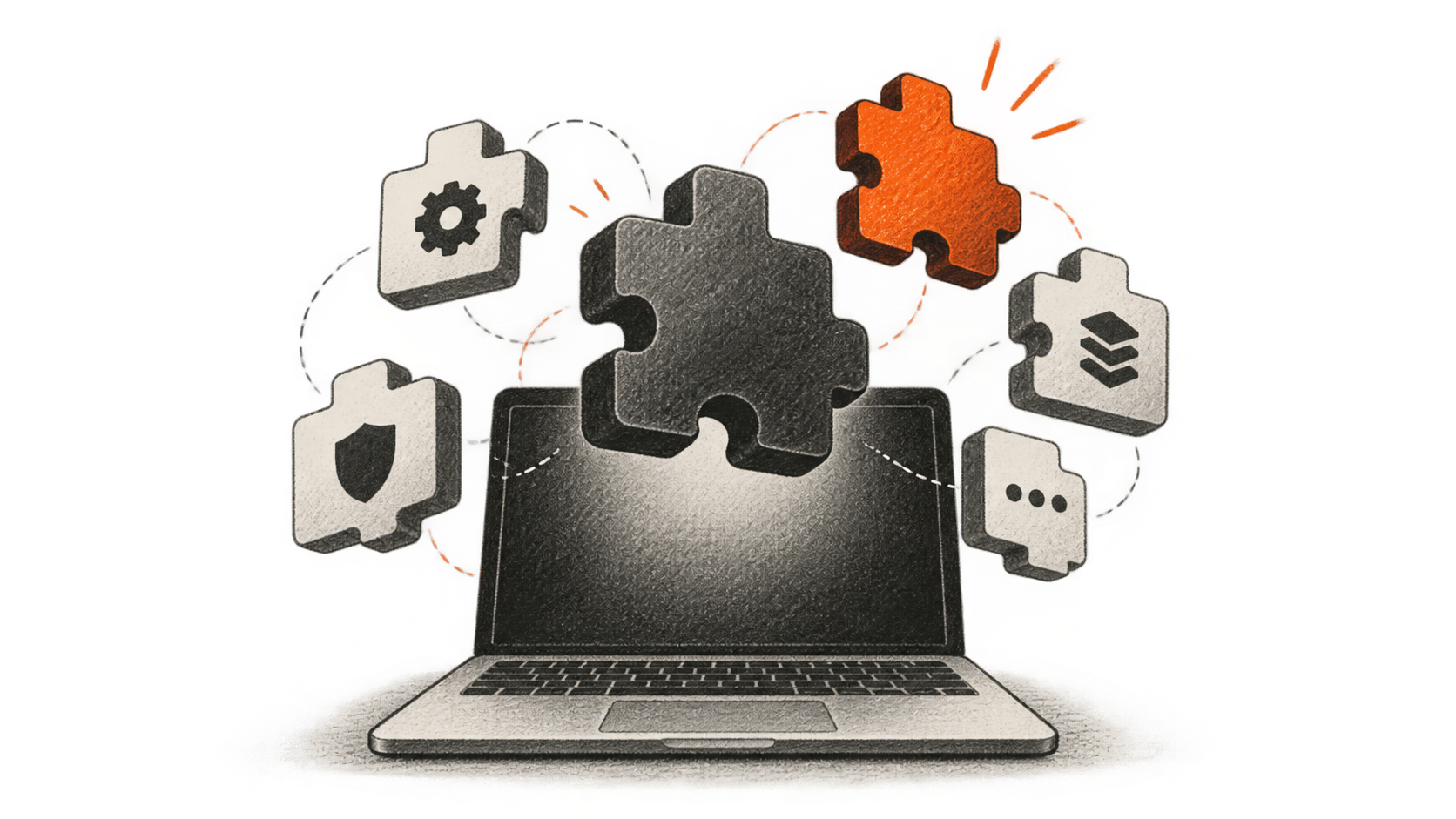 AI-generated conceptual illustration of a laptop and abstract software extension shapes, one highlighted orange.