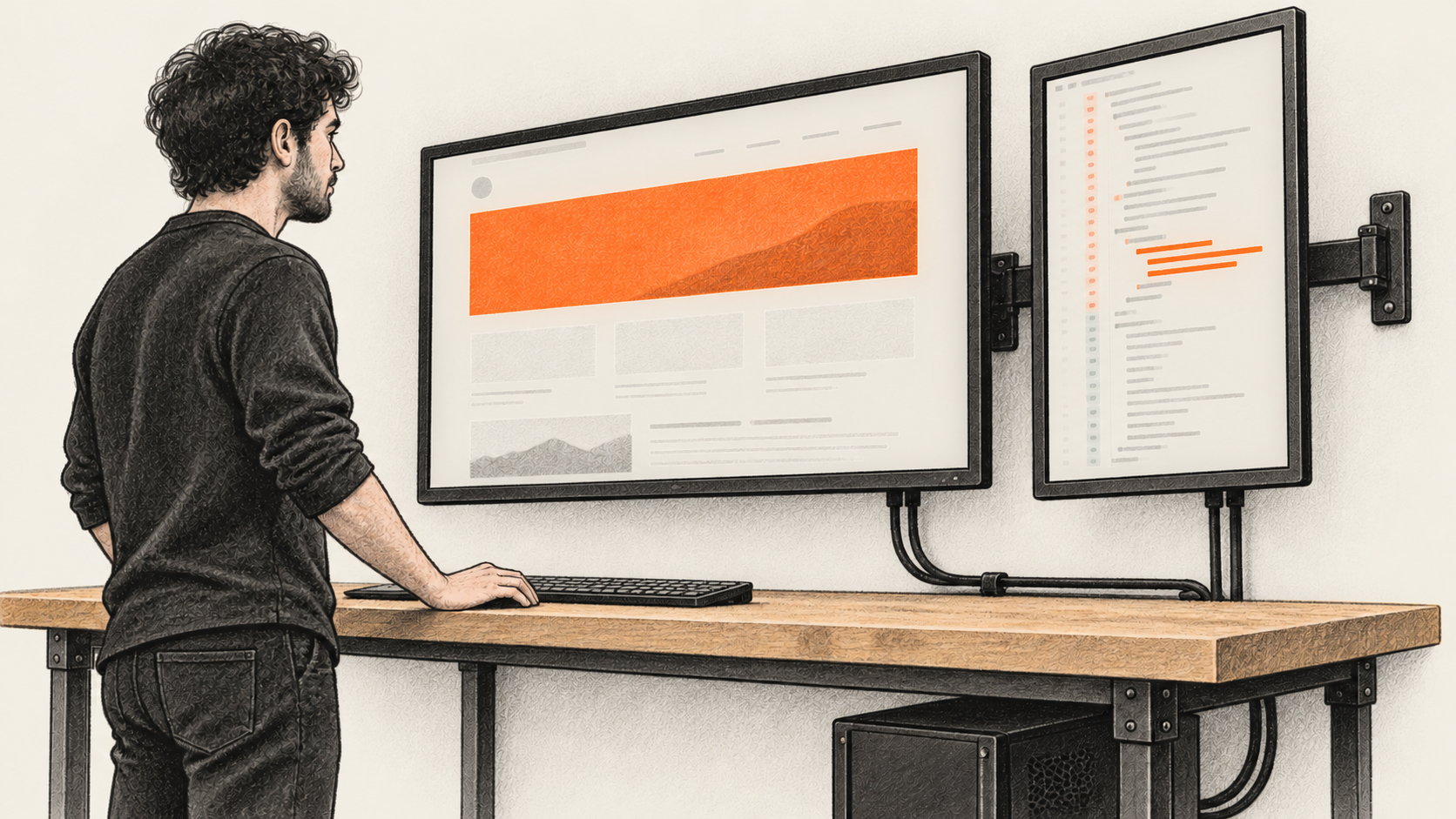 Conceptual charcoal illustration of one person comparing a generic web page on a wall-mounted monitor with indistinct source changes on a second monitor.