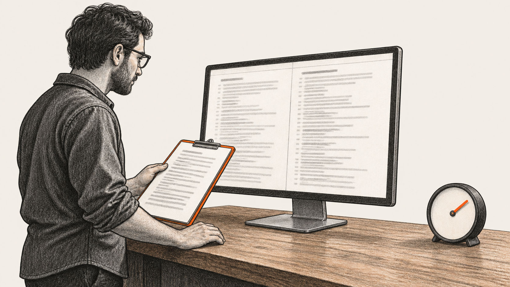 Conceptual charcoal illustration of one person comparing a report proof on a clipboard with anonymous source records on a desktop monitor; a small clock rests on the counter.