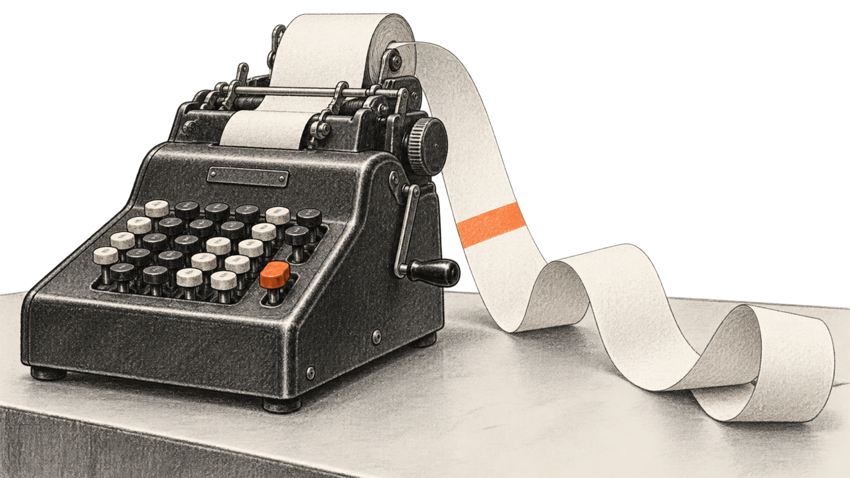 Conceptual charcoal illustration of a mechanical adding machine with a long blank paper tape and one orange band.
