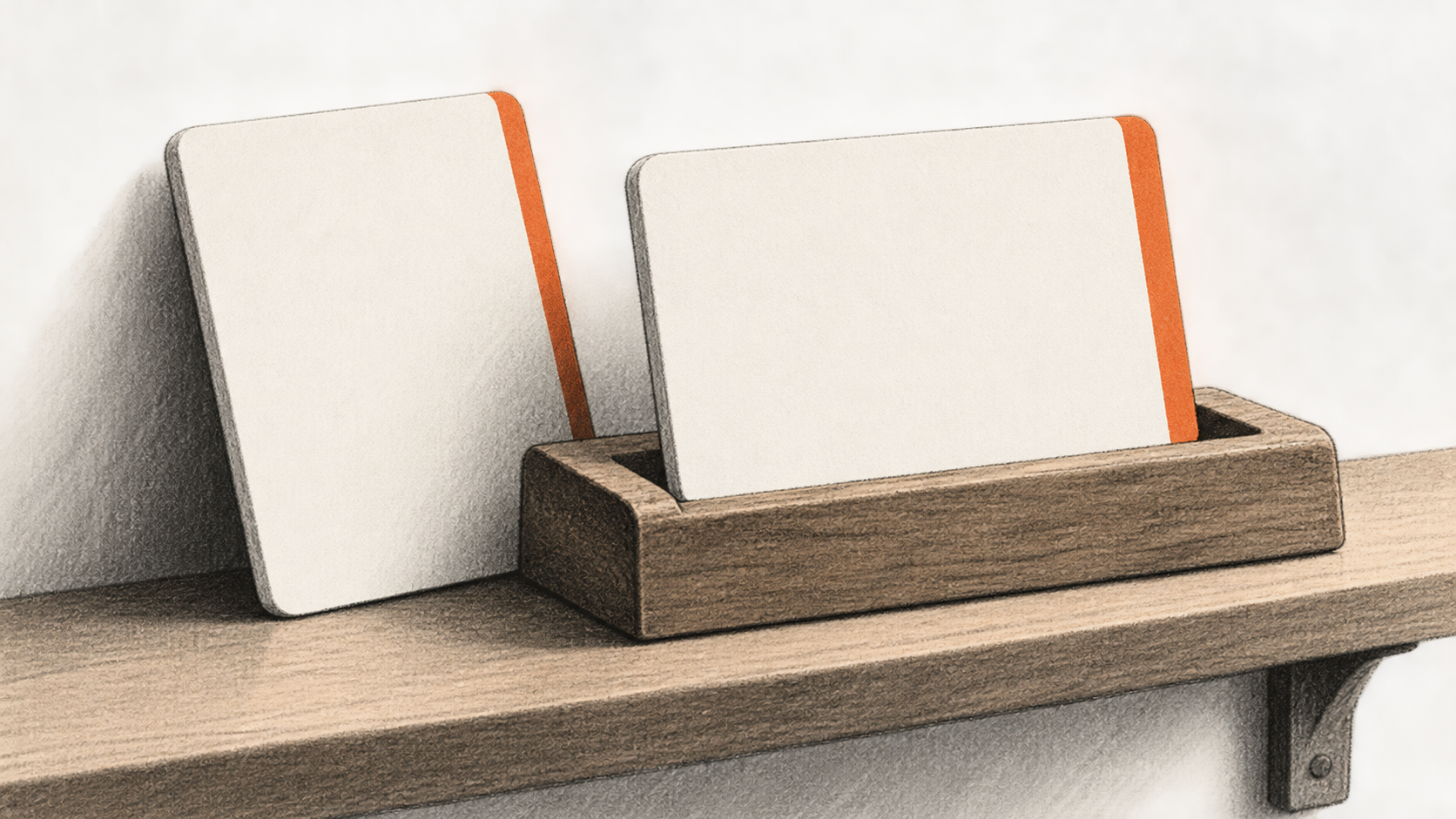 Conceptual charcoal illustration of two blank choice cards, one outside a small wooden holder and the other standing in its groove.