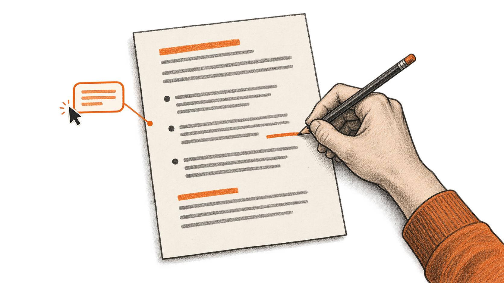 One right hand and connected forearm enters from the right, holding a pencil over a document beside an abstract editing cursor and margin comment.