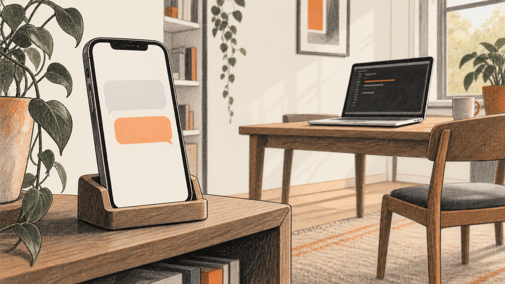 Conceptual charcoal illustration of an upright phone on a shelf with two blank message shapes and an open Mac laptop on a separate table farther back.