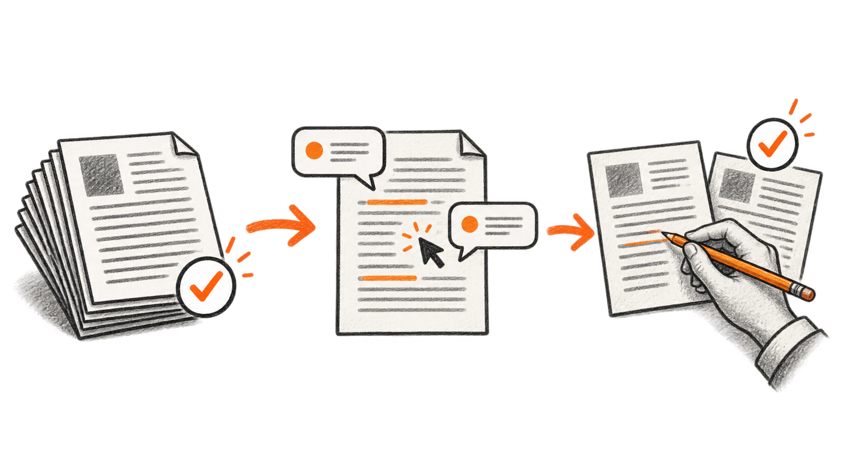 Conceptual workflow from checked source documents to a shared draft with comments, followed by one human hand verifying the draft against another page.