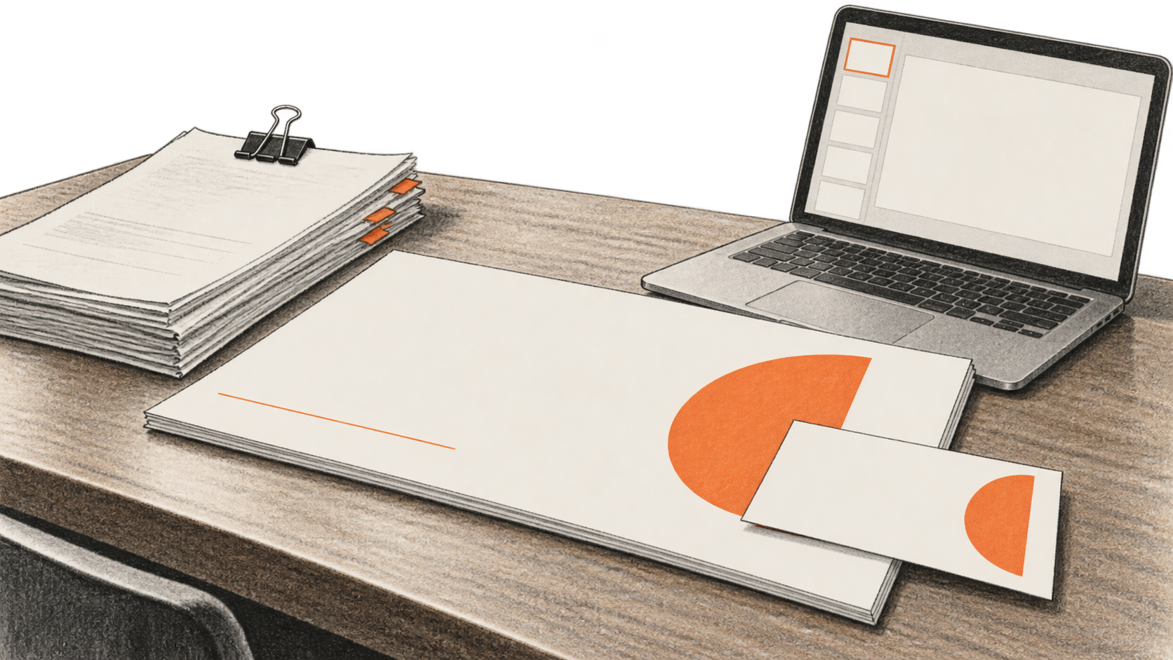 Conceptual charcoal illustration of clipped source pages, a blank presentation proof and an open laptop with an unlettered slide canvas on one table.