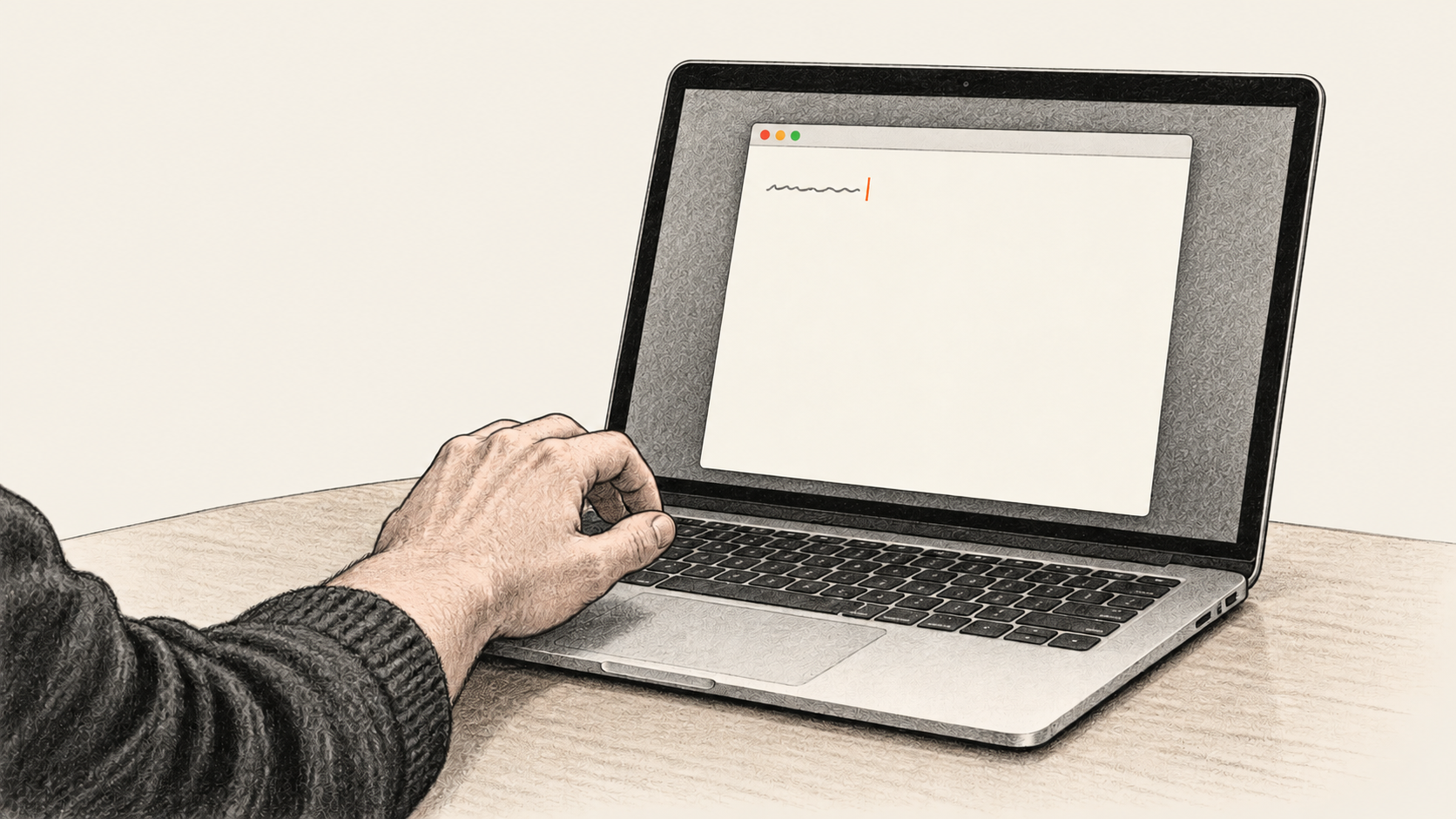 Conceptual charcoal illustration of a hand beside a Mac-like laptop showing one indistinct line in a plain document window.