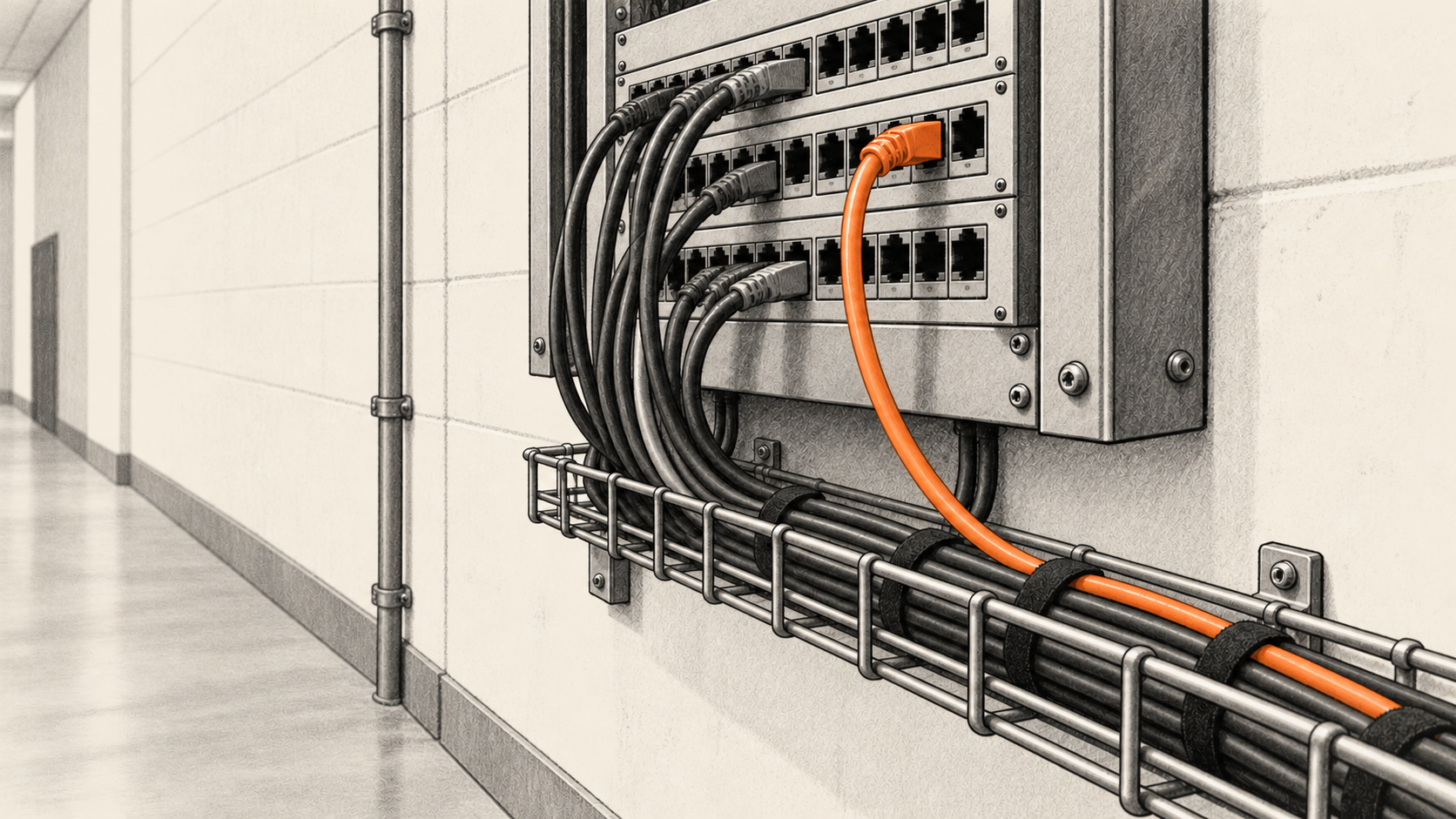 Conceptual charcoal illustration of a wall-mounted network patch panel with one orange cable among darker cables in a supported tray.