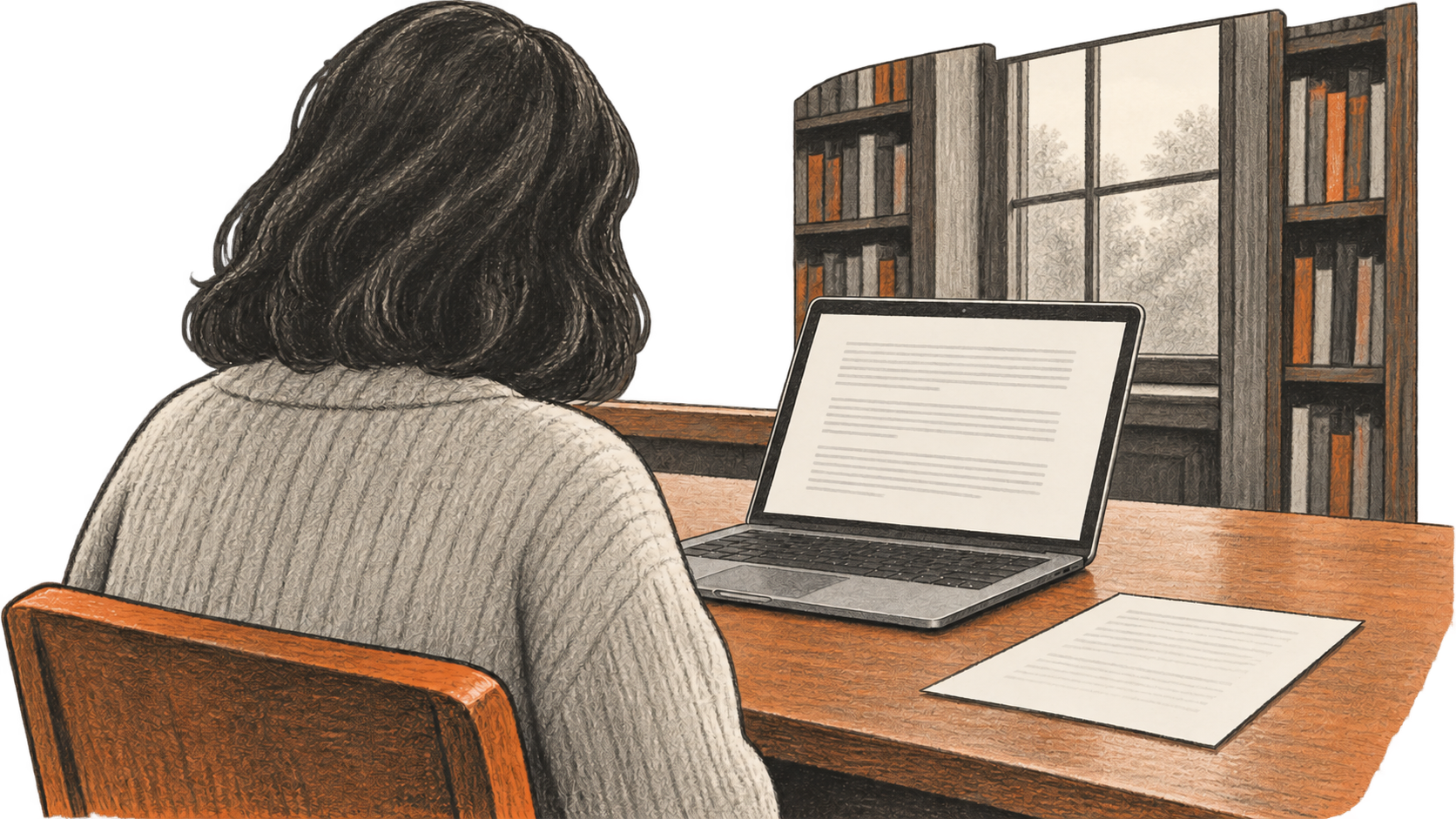 One reader sits at a laptop with text on screen; a page with faint text lines lies on the table beside it.