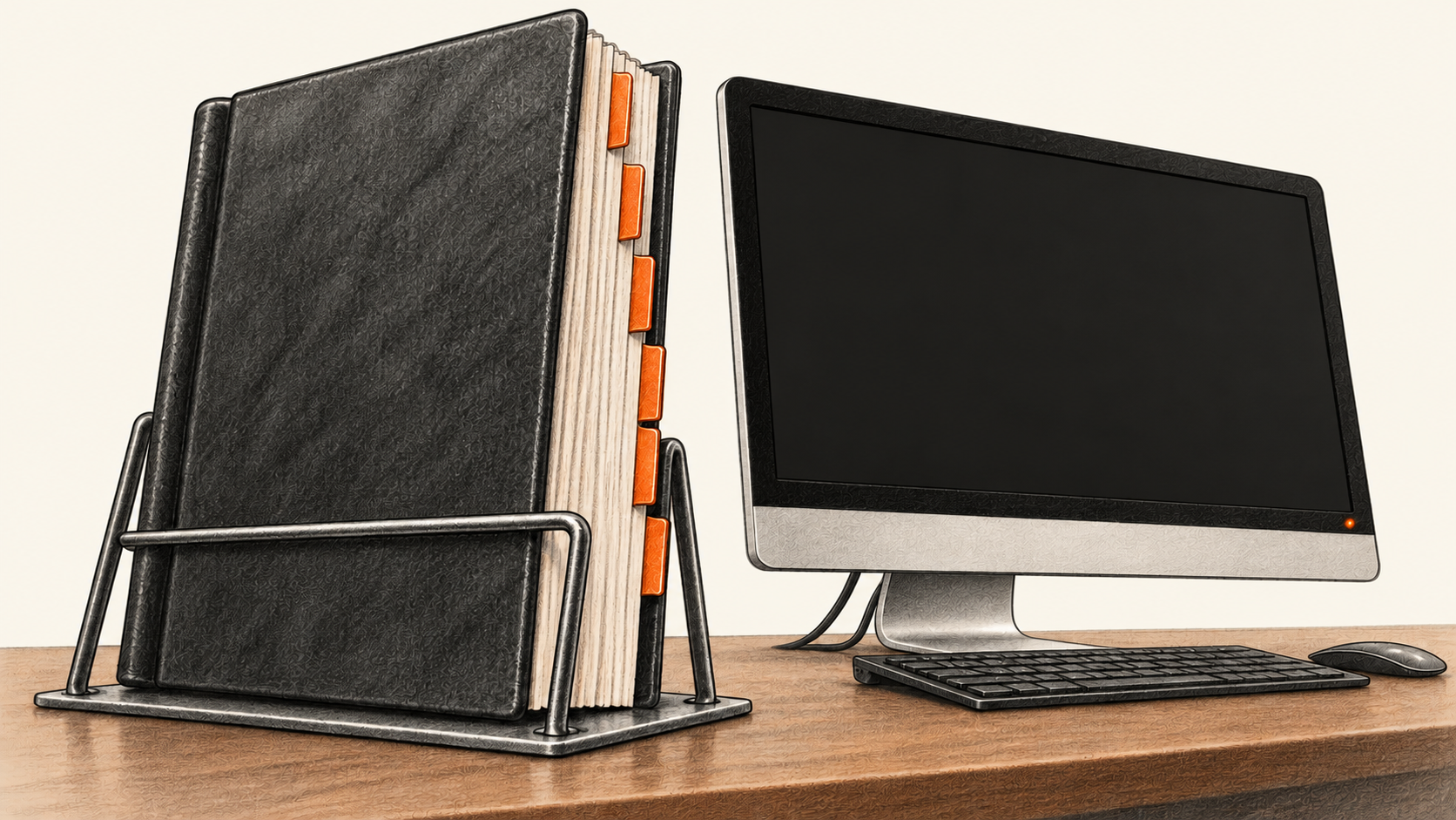 Conceptual charcoal illustration of a thick, unlettered project manual with orange section tabs in an upright rack beside one computer with a blank dark screen.