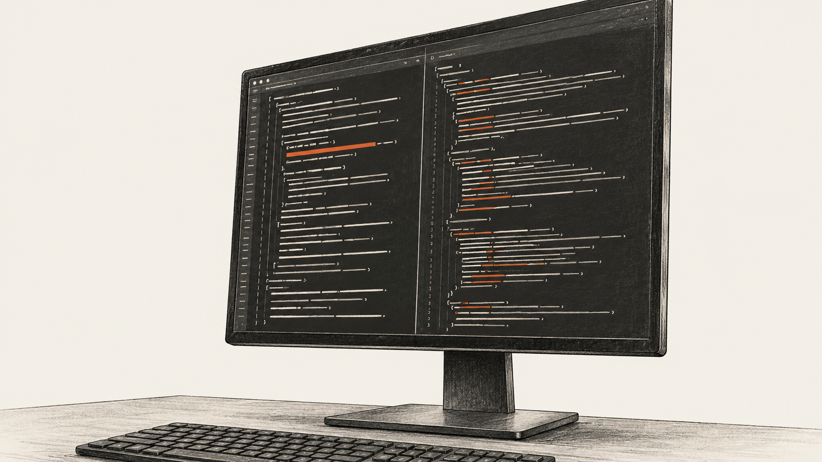 Conceptual charcoal illustration of an unbranded desktop monitor displaying two columns of abstract code-like marks with restrained orange highlights.