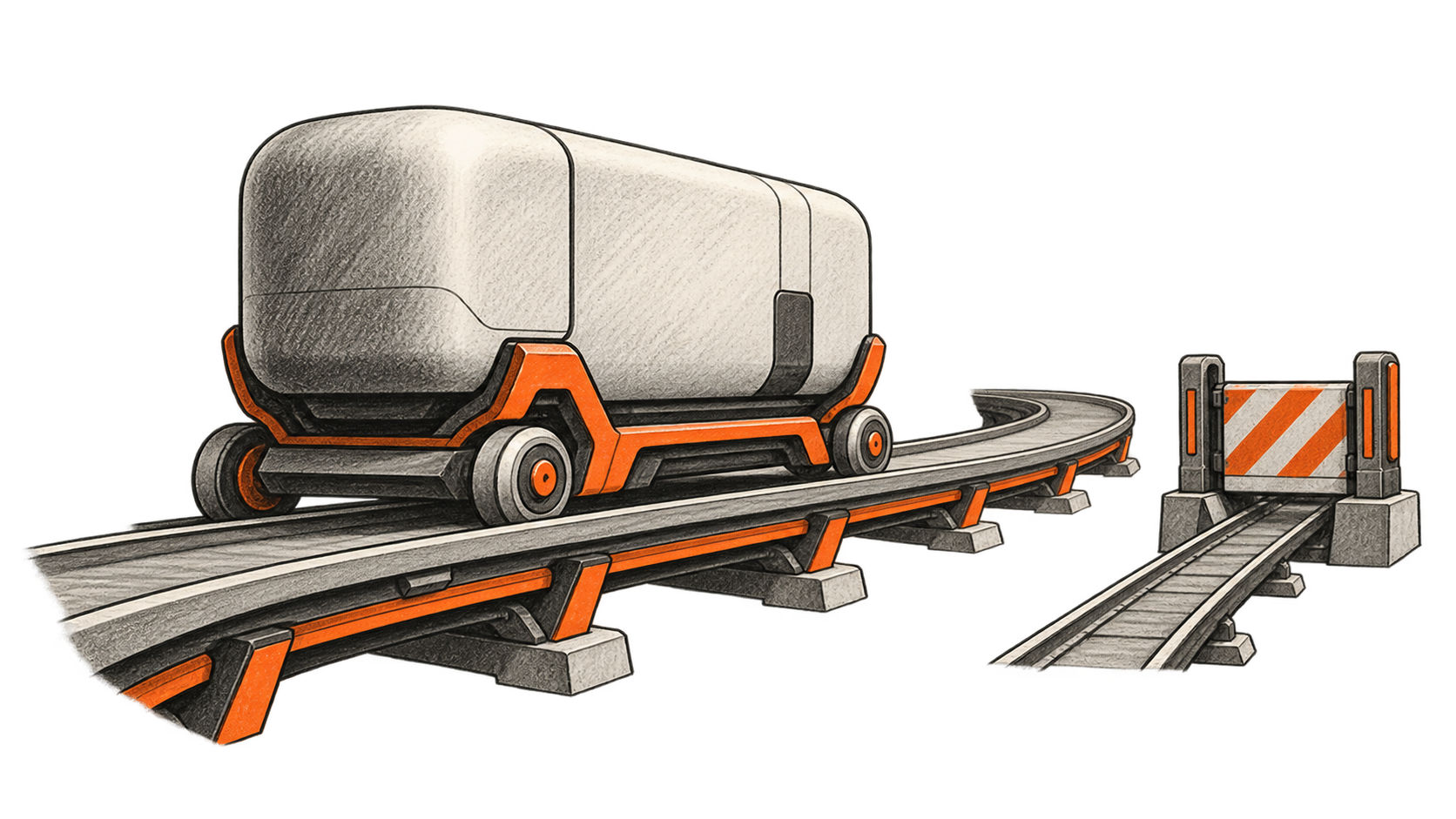 A large abstract work capsule travels on a broad supported track while a separate side track ends at an unlabelled gate.