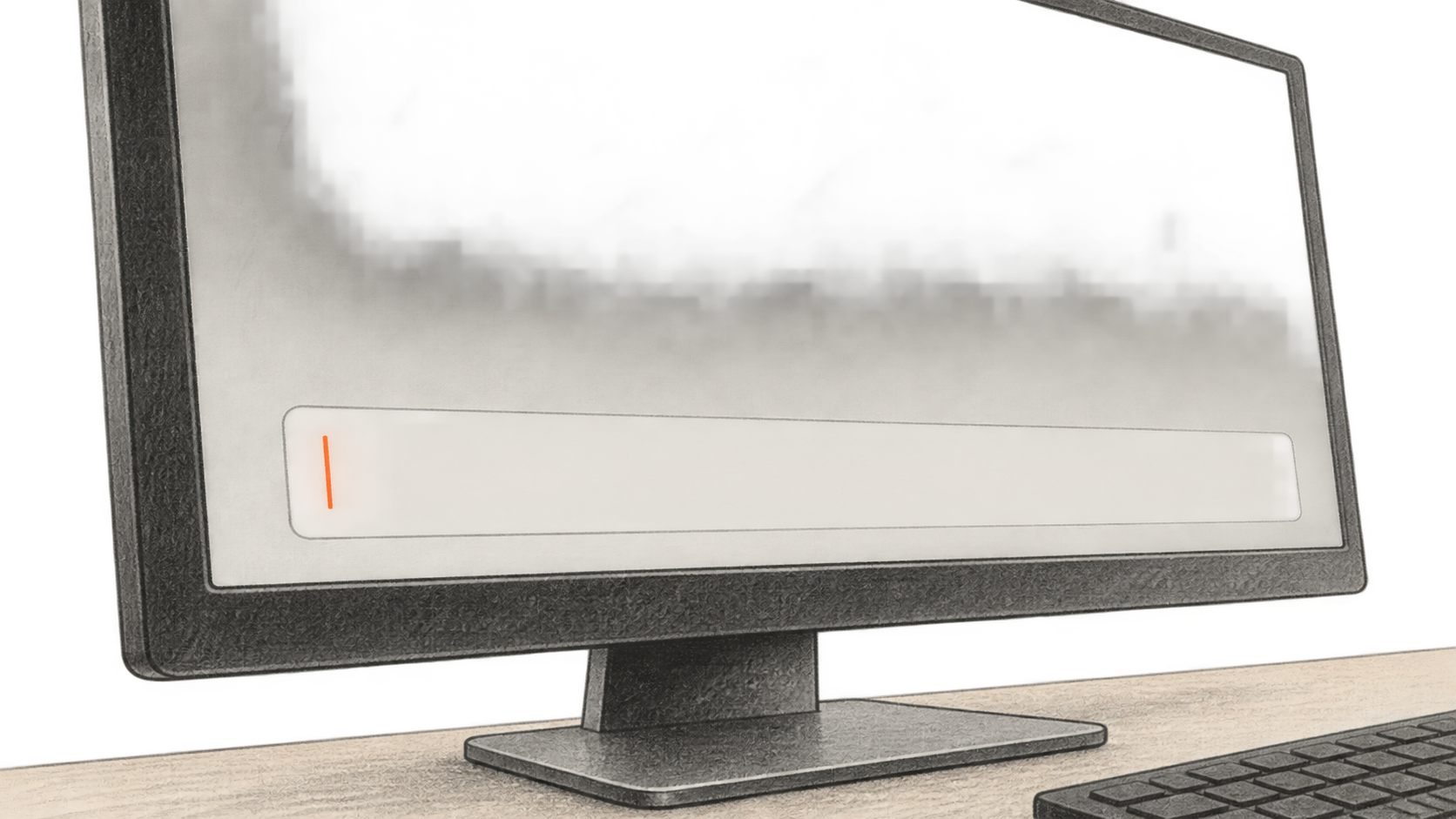A charcoal-and-ink close view of an unbranded desktop monitor with a blank message field and orange text caret.