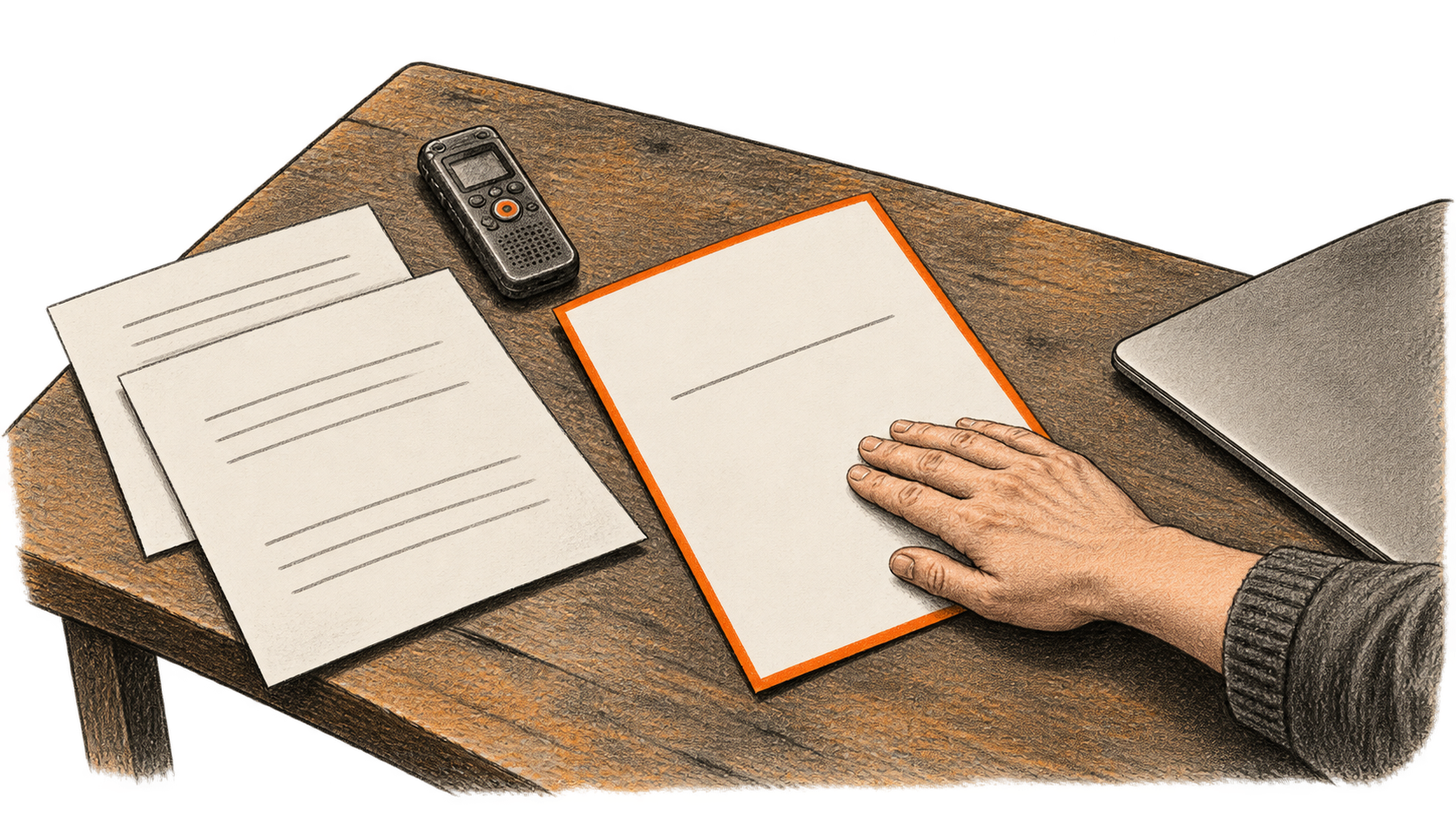 Conceptual charcoal illustration of writing samples and a handheld recorder beside an orange-edged sheet, with one person's hand resting on the sheet and a closed laptop at right.