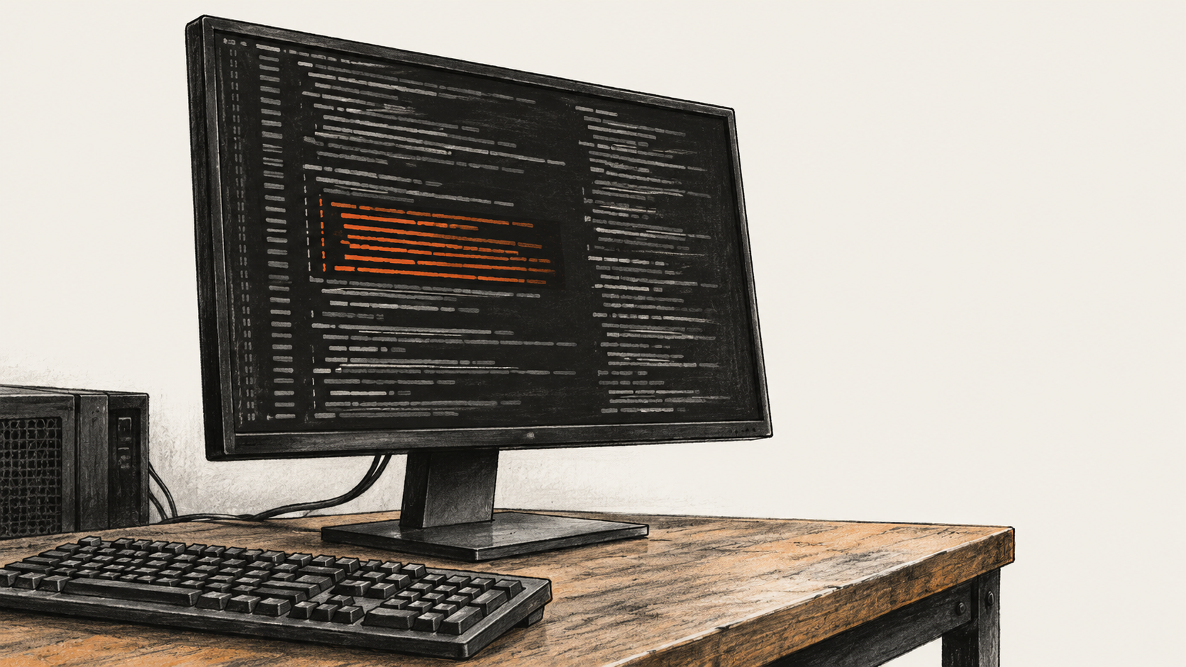 Conceptual charcoal illustration of an unbranded desktop monitor displaying unreadable code-like rows, with a small orange section highlighted above a keyboard on a workbench.