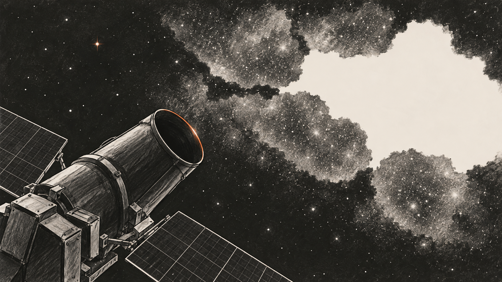 A generic unbranded space telescope faces a star field with a broad unfilled area beside softly textured regions; the sky pattern is conceptual, not survey data.