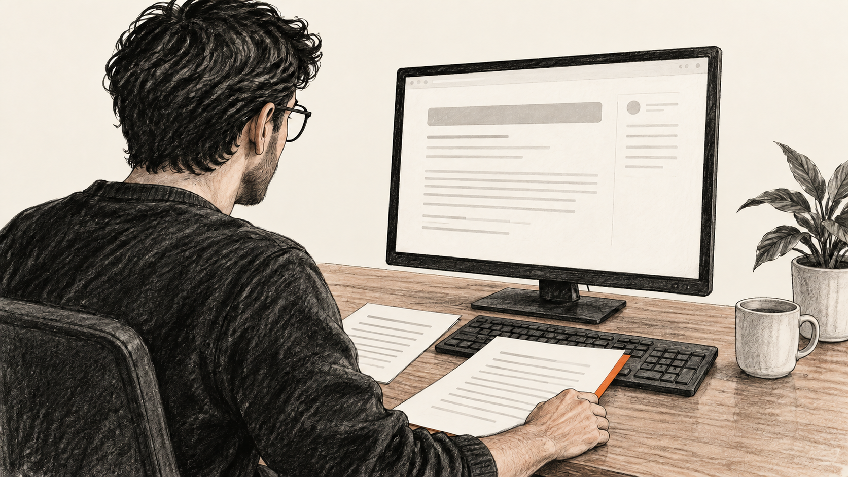 Conceptual charcoal illustration of one maintainer at a desk comparing a draft sheet with a generic issue page on an upright monitor.