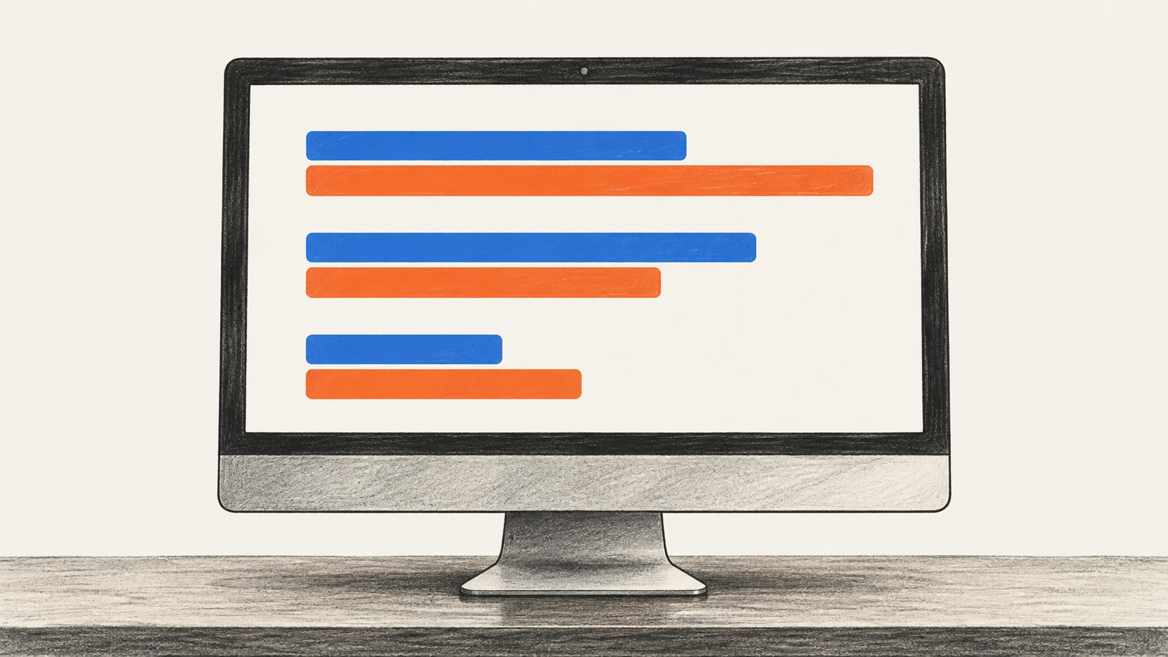 Conceptual illustration of a desktop monitor showing three pairs of blue and orange bars.