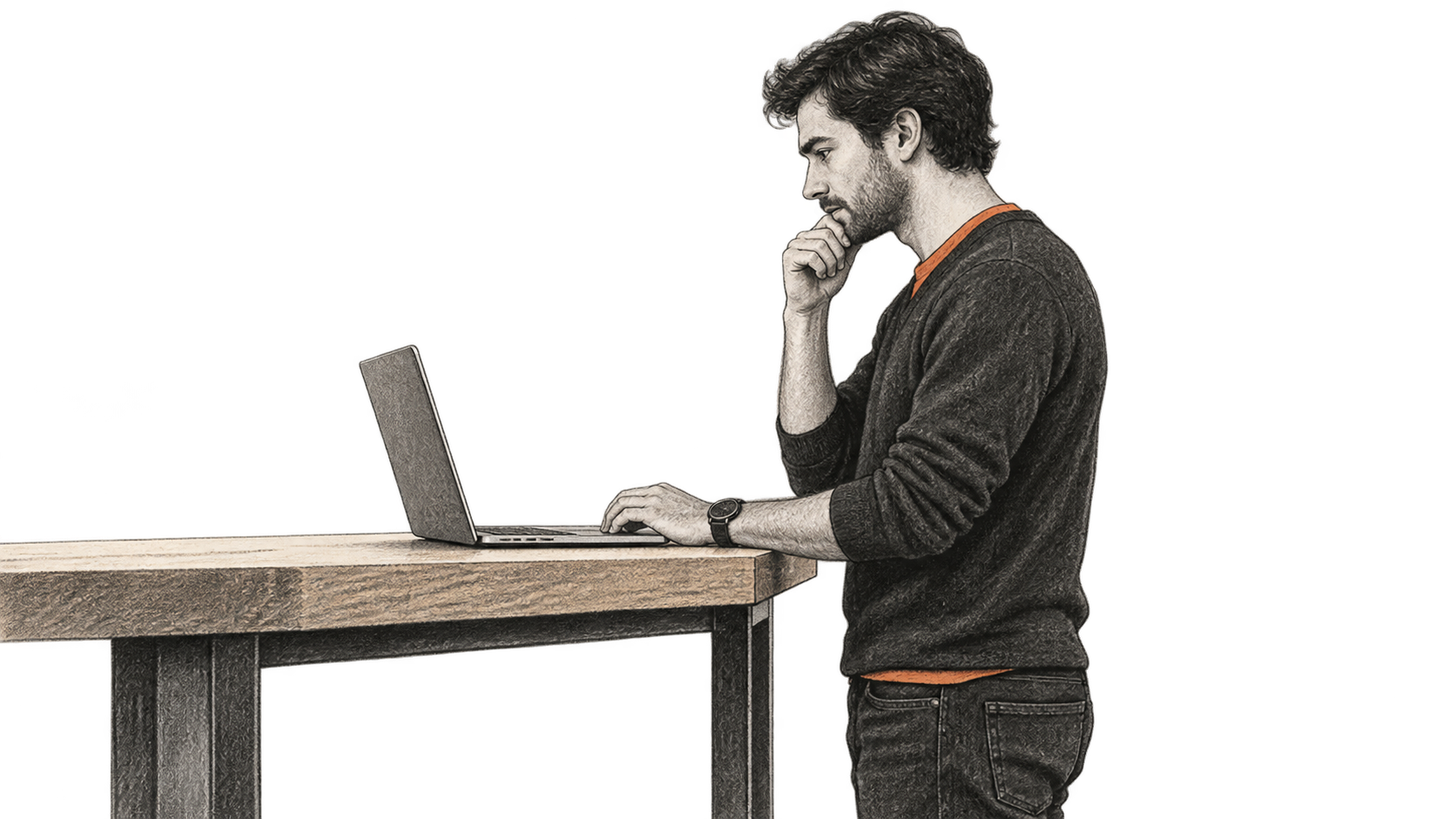 Conceptual charcoal illustration of a standing developer in profile examining a laptop on a sturdy counter.